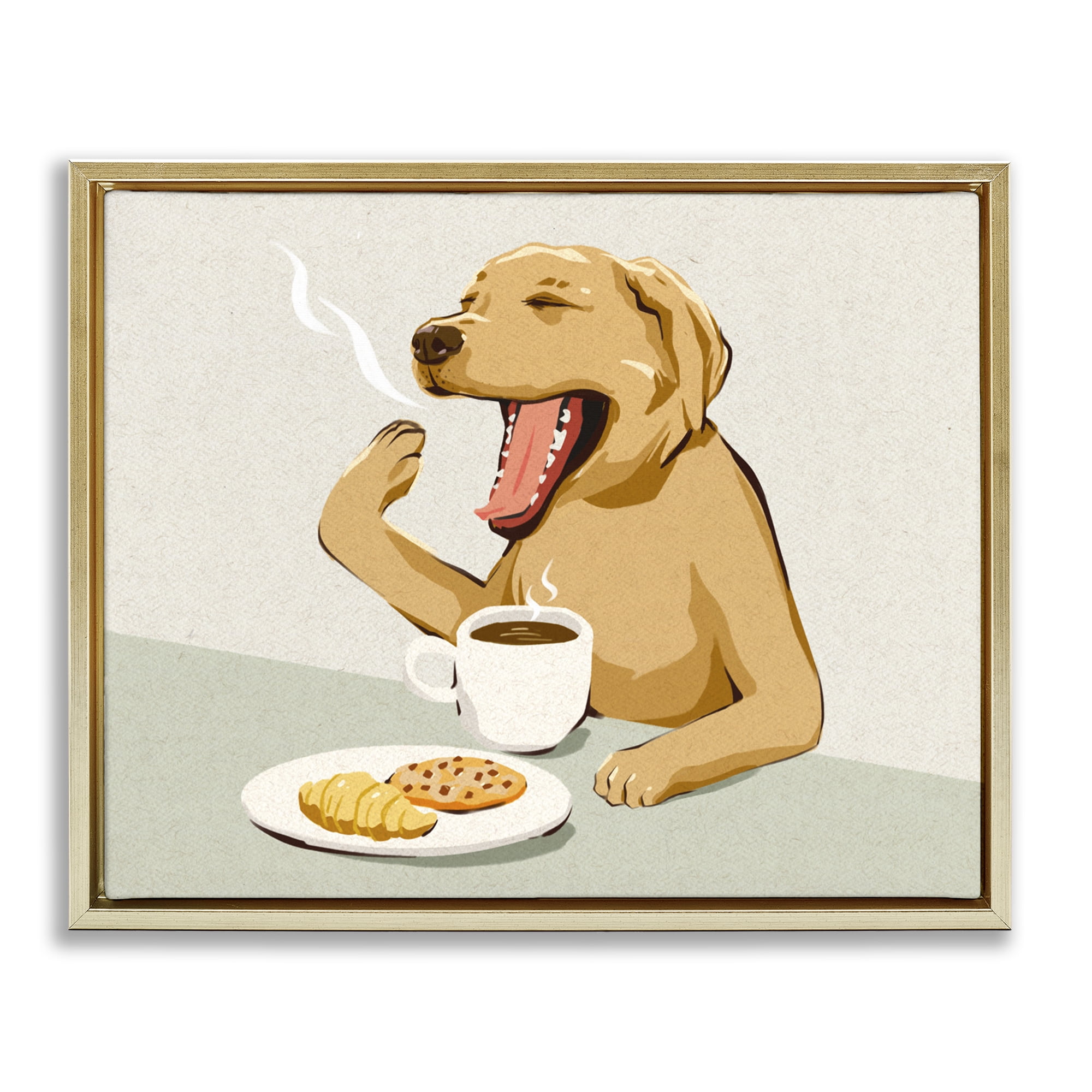 Stupell Industries Yawning Dog with Morning Coffee Gold Framed Floater Canvas Wall Art, design by Ziwei Li