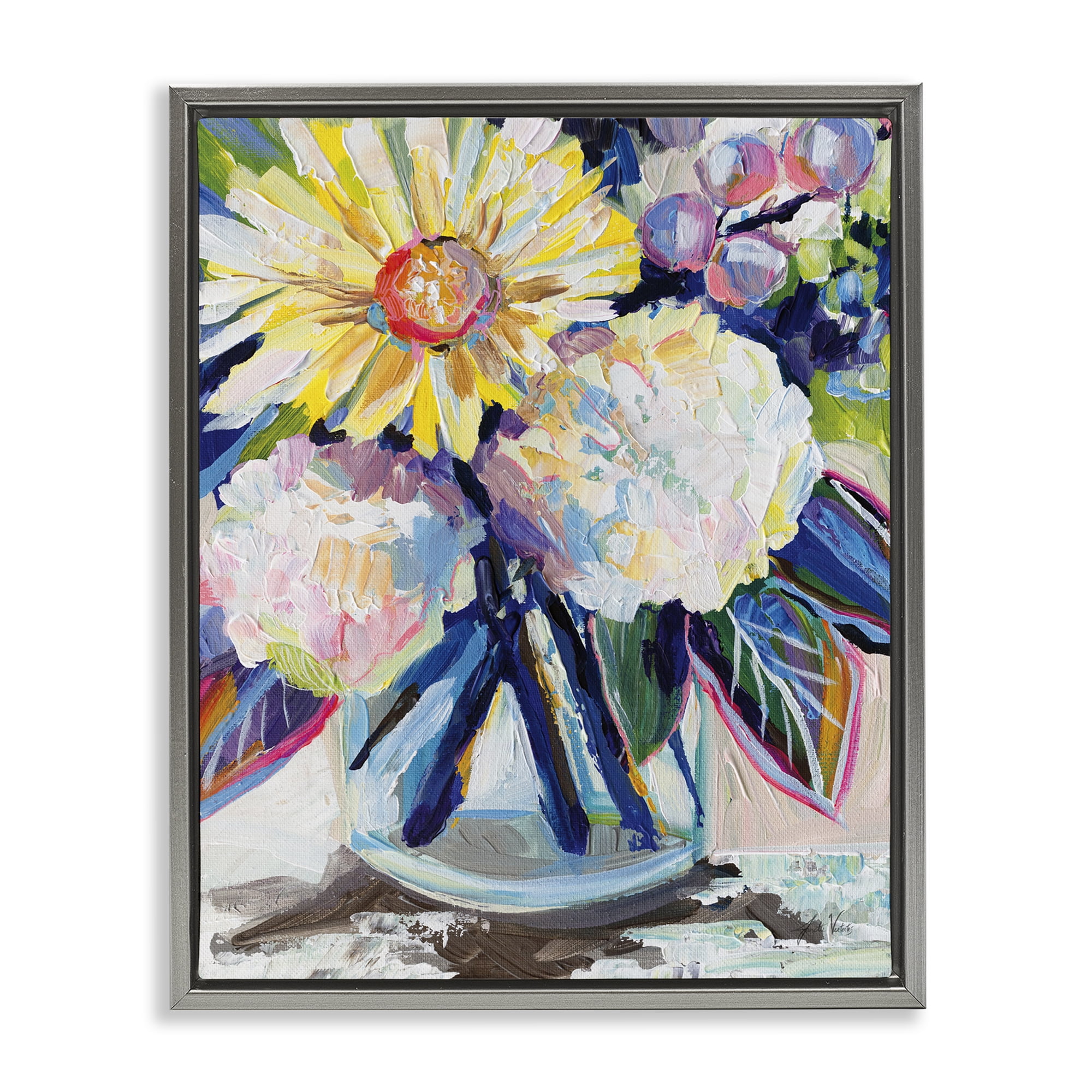 Stupell Industries Yearning Mixed Bouquet Plants & Flowers Painting Gray Floater Framed Canvas Art Print Wall Art, 25 x 31