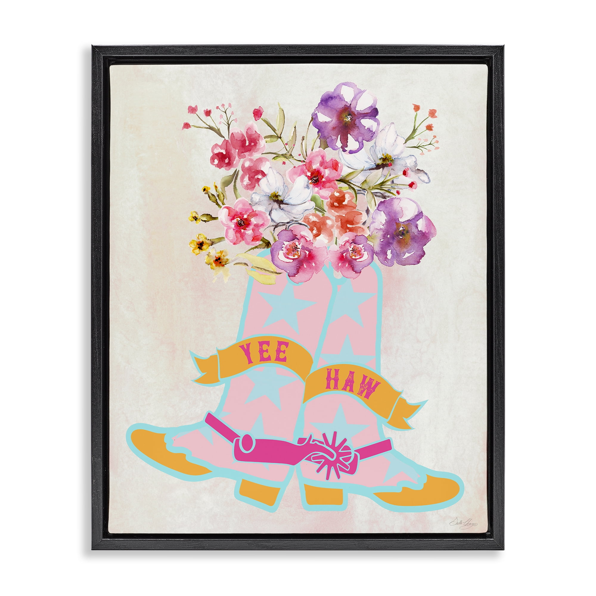 Stupell Industries Yee Haw Floral Cowgirl Plants & Flowers Painting Black Floater Framed Canvas Art Print Wall Art, 25 x 31