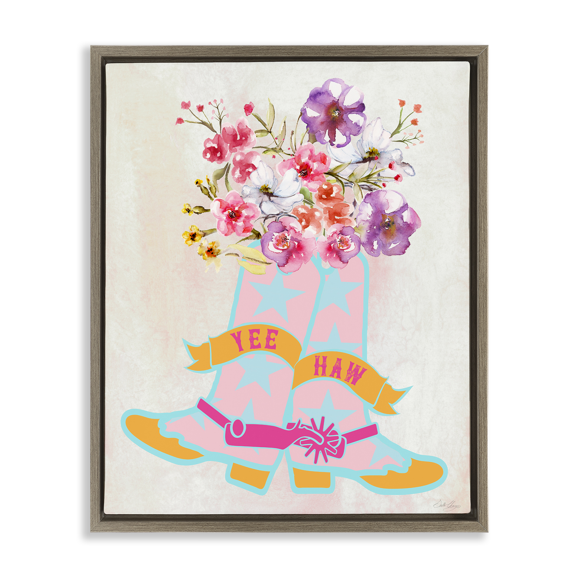 Stupell Industries Yee Haw Floral Cowgirl Plants & Flowers Painting Brown Floater Framed Canvas Art Print Wall Art, 25 x 31