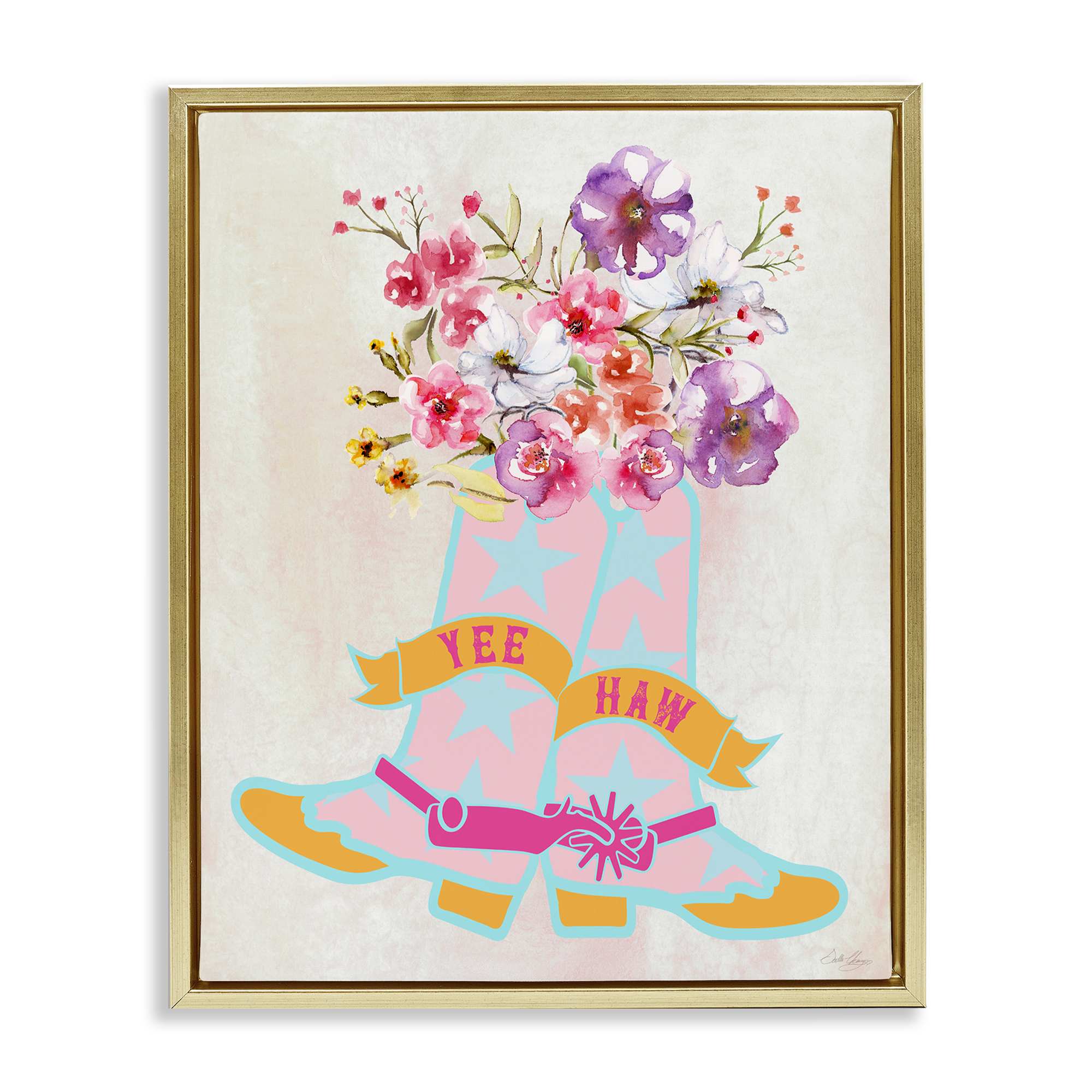 Stupell Industries Yee Haw Floral Cowgirl Plants & Flowers Painting Gold Floater Framed Canvas Art Print Wall Art, 17 x 21