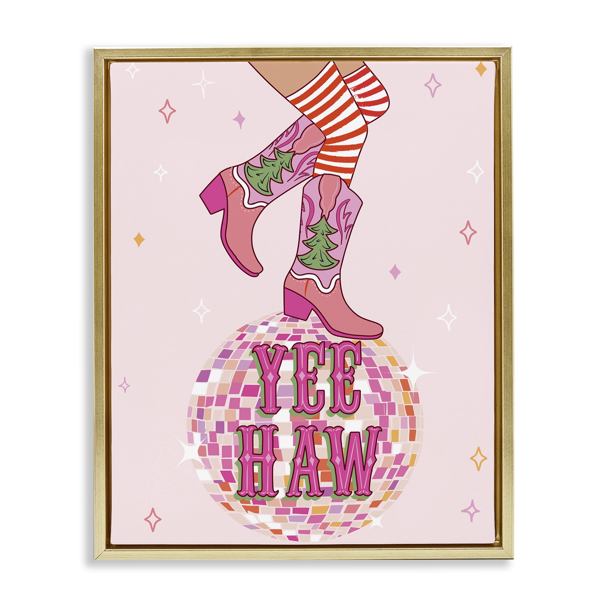 Stupell Industries Yeehaw Christmas Cowboy Holiday Painting Gold Floater Framed Canvas Art Prints Wall Art, 17 x 21