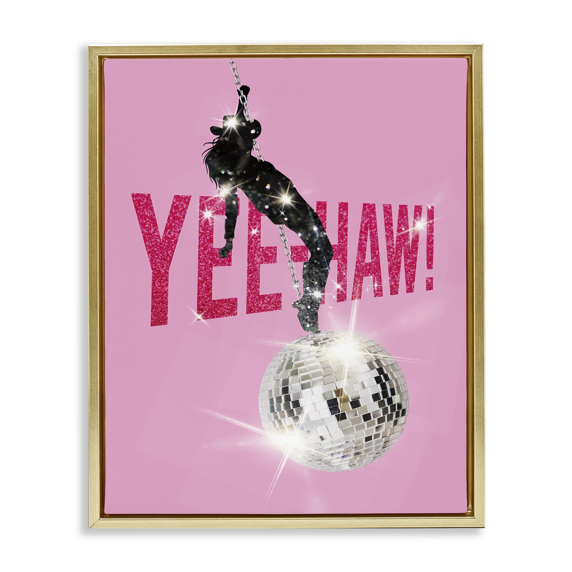Stupell Industries Yeehaw Disco Cowgirl Text & Numbers Painting Gold Floater Framed Canvas Art Print Wall Art, 17 x 21