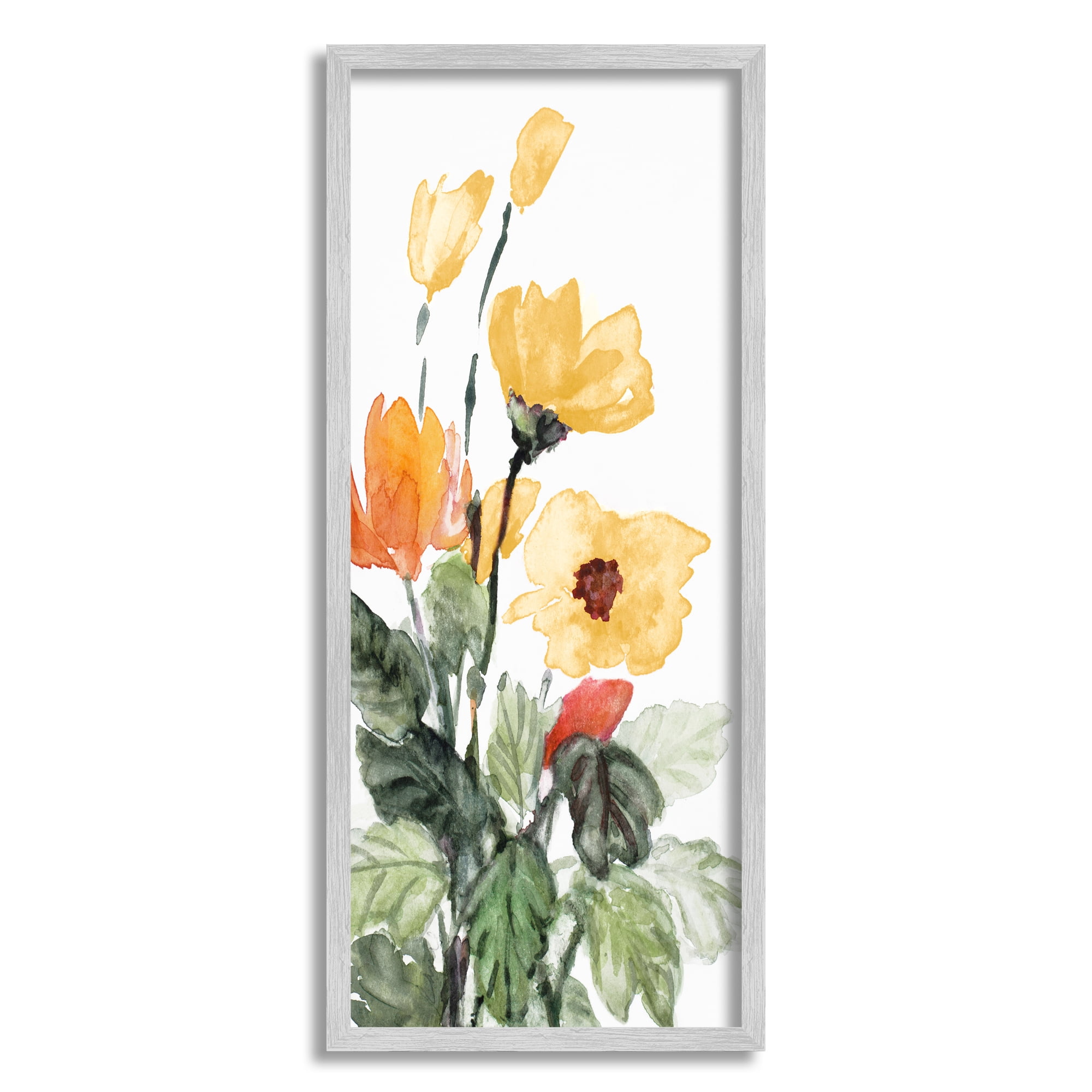 Stupell Industries Yellow Abstract Poppies Botanical & Floral Painting Gray Framed Art Print Wall Art, 10 x 24