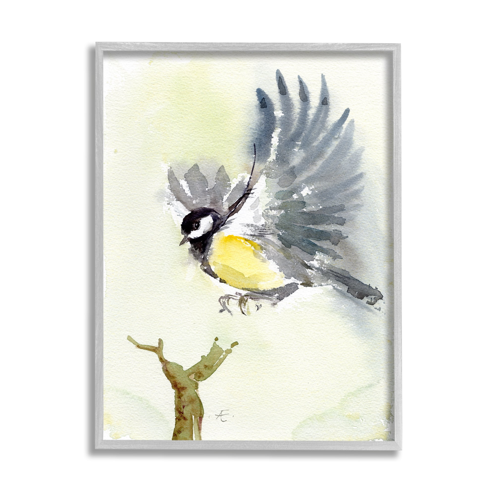 Stupell Industries Yellow Belly Bird Spread Wings over Tree Branch Animals & Insects Painting Gray Framed Art Print Wall Art, 11 x 14