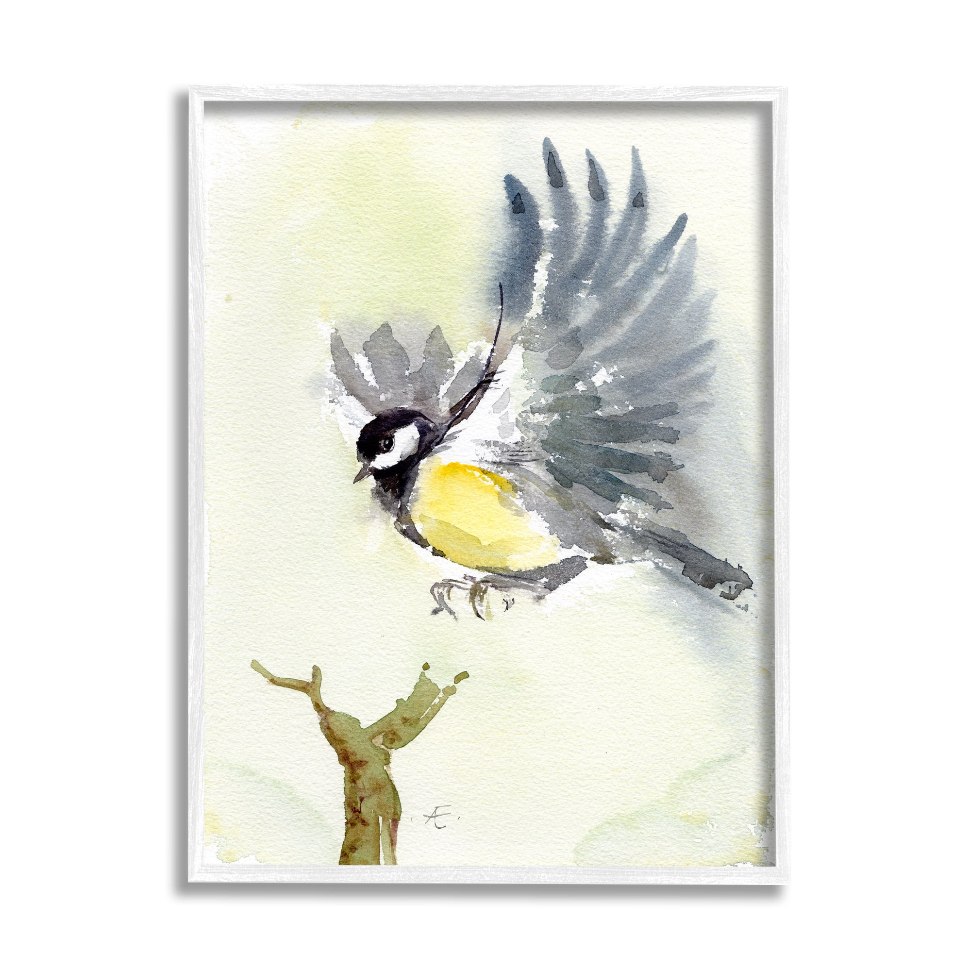 Stupell Industries Yellow Belly Bird Spread Wings over Tree Branch Animals & Insects Painting White Framed Art Print Wall Art, 24 x 30