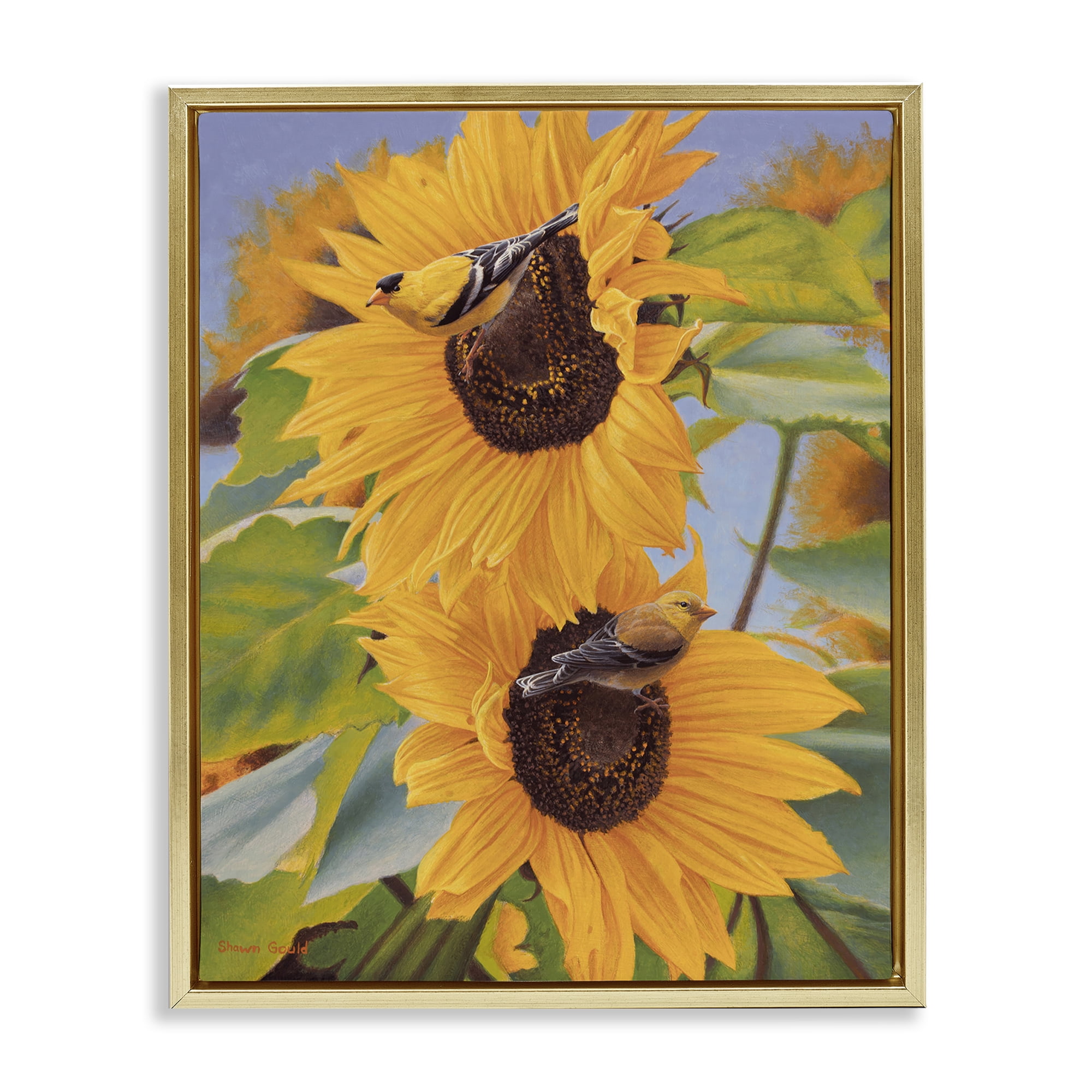 Stupell Industries Yellow Bird & Sunflowers Plants & Flowers Photography Gold Floater Framed Canvas Art Print Wall Art, 17 x 21