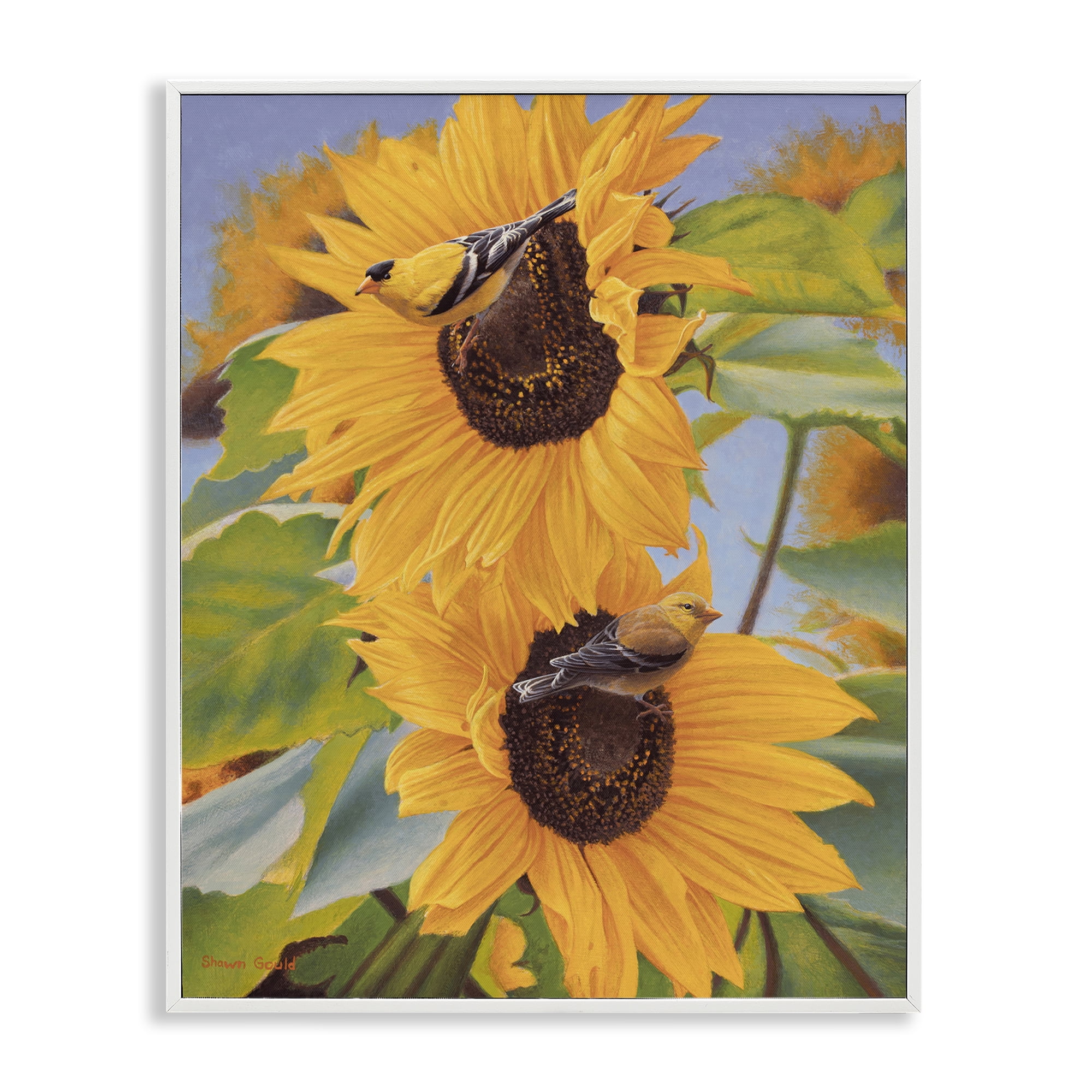 Stupell Industries Yellow Bird & Sunflowers Plants & Flowers Photography White Framed Art Print Wall Art, 16 x 20