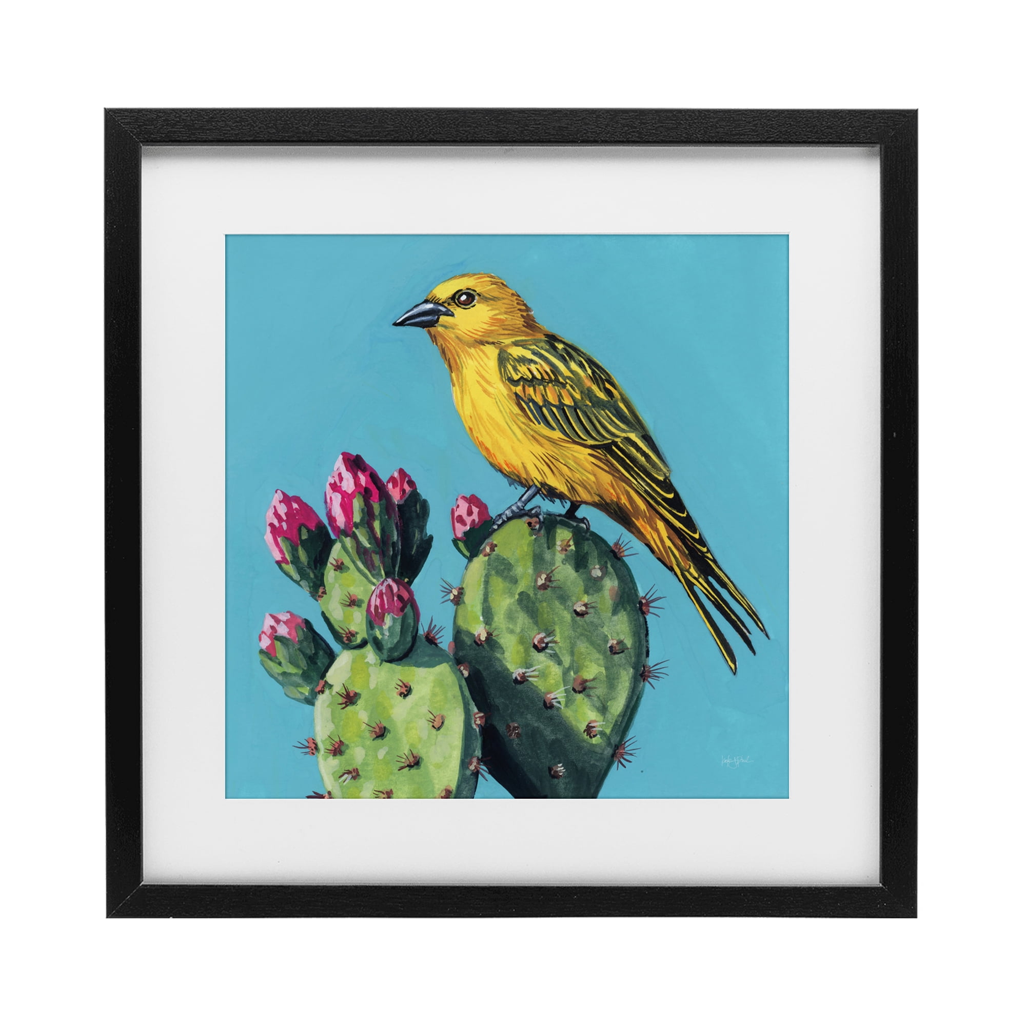 Stupell Industries Yellow Bird on Cacti Bloom Black Framed Print Under Glass, design by Kate Jarvik Birch