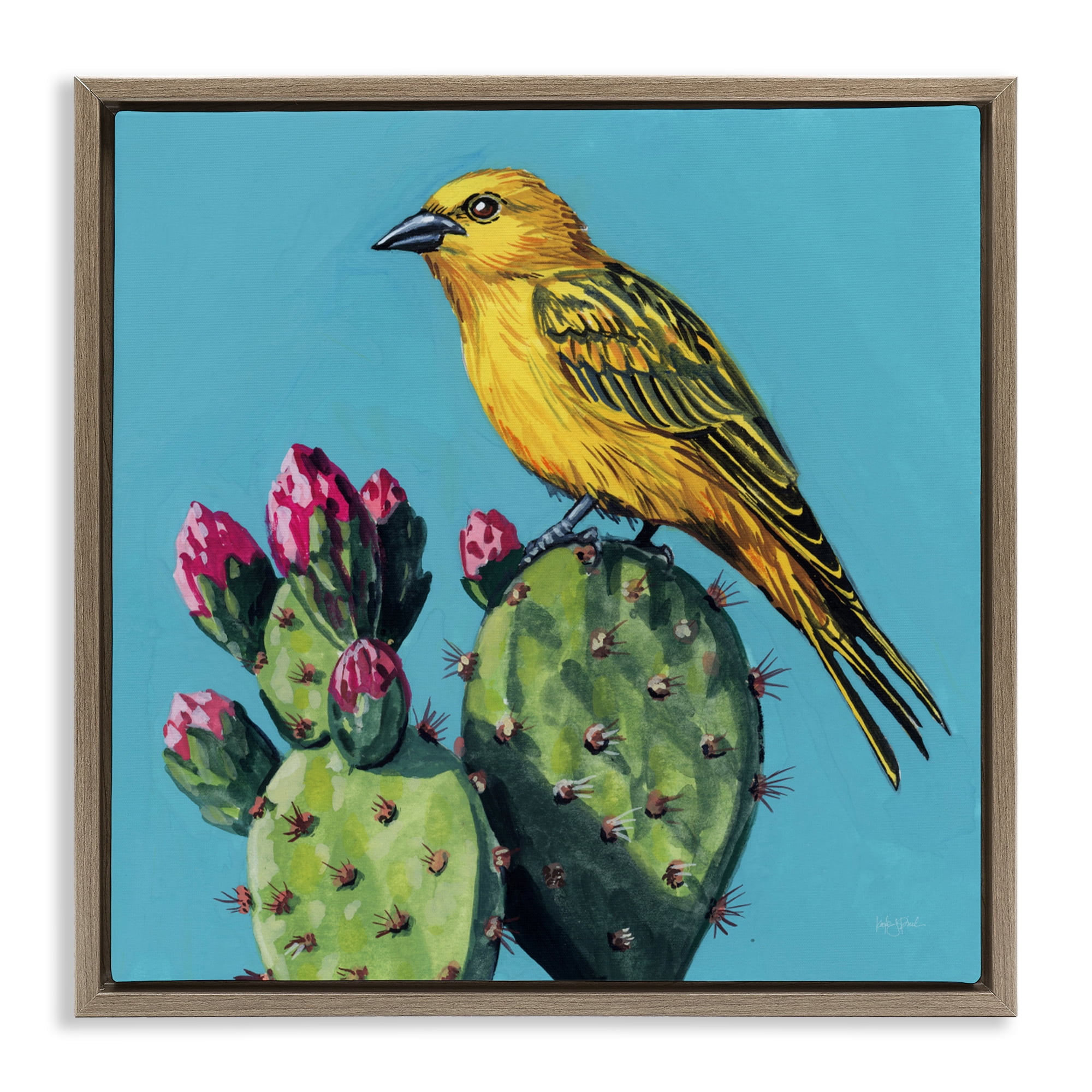 Stupell Industries Yellow Bird on Cacti Bloom Brown Framed Floater Canvas Wall Art, design by Kate Jarvik Birch