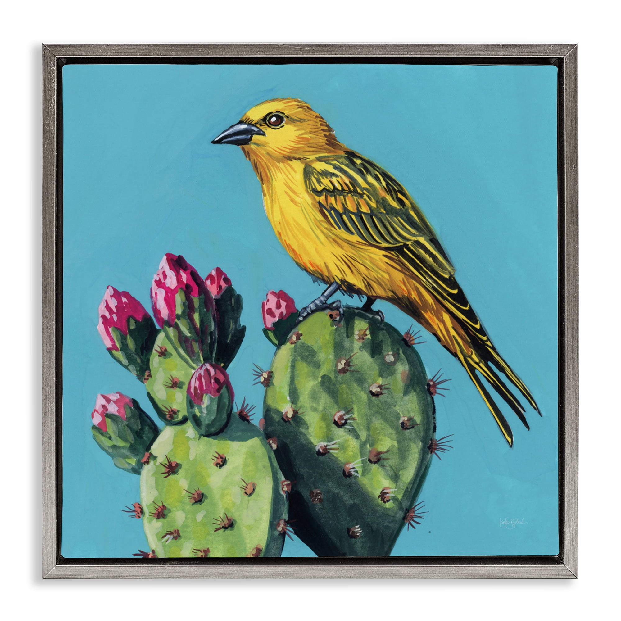 Stupell Industries Yellow Bird on Cacti Bloom Gray Framed Floater Canvas Wall Art, design by Kate Jarvik Birch