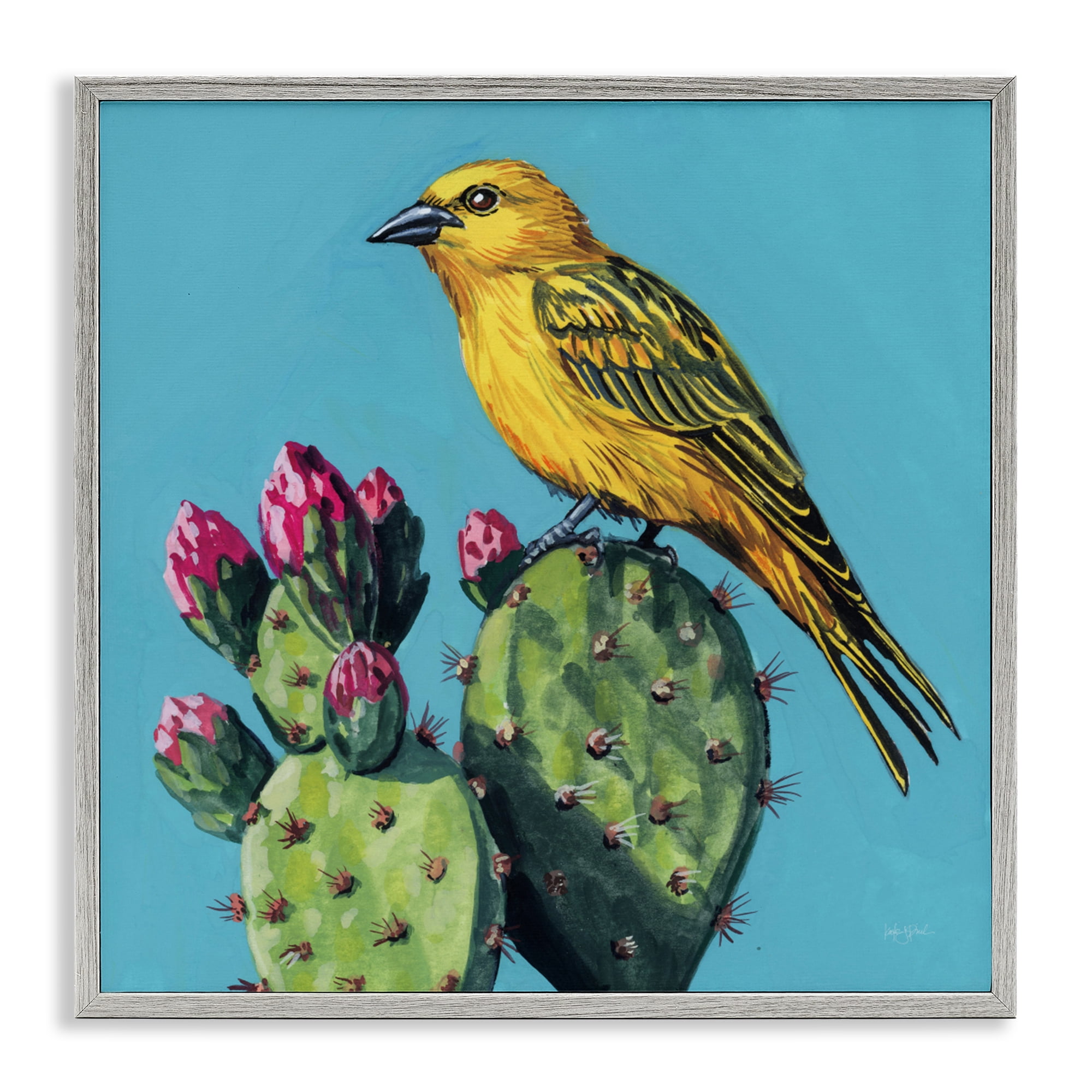 Stupell Industries Yellow Bird on Cacti Bloom Gray Framed Giclee Art, design by Kate Jarvik Birch
