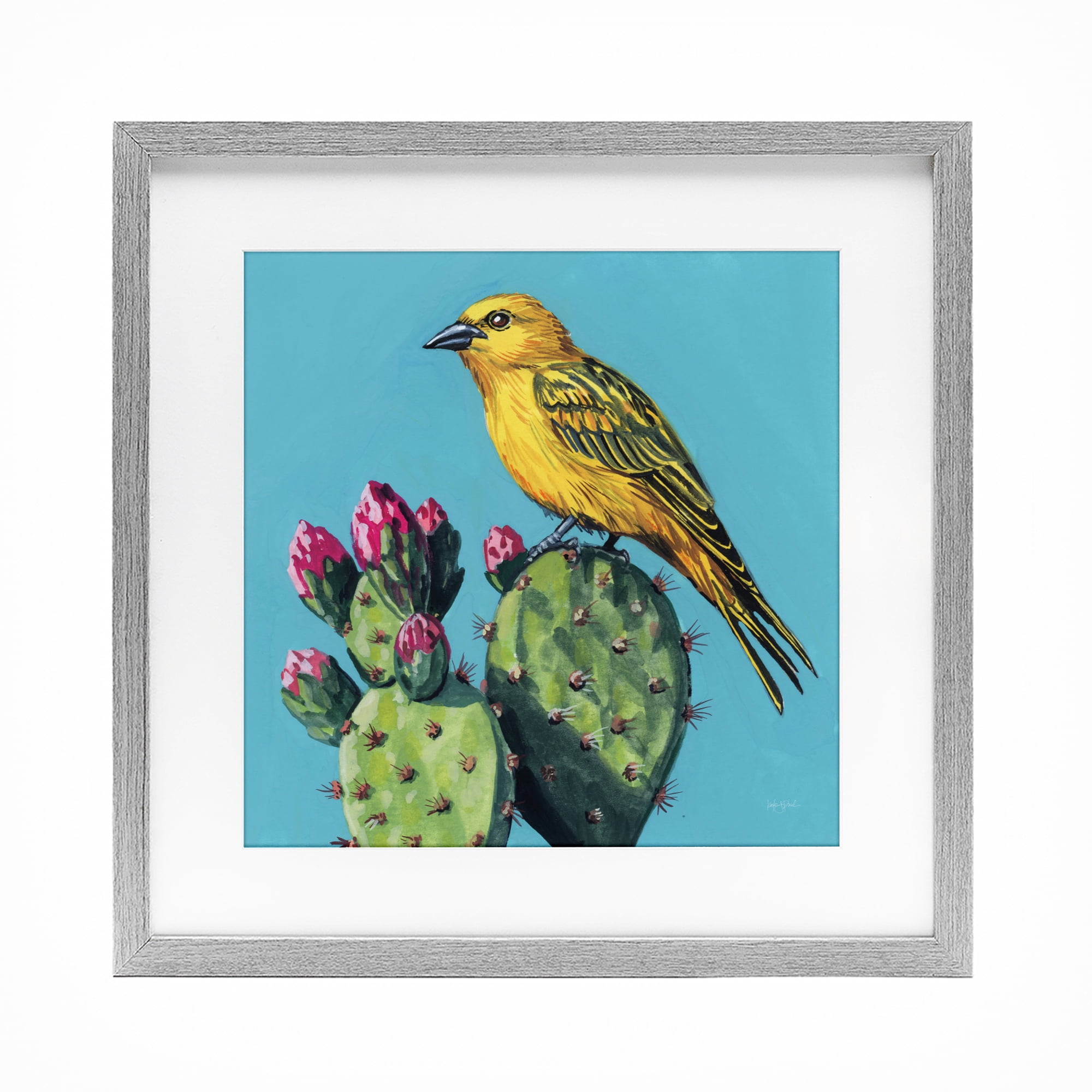 Stupell Industries Yellow Bird on Cacti Bloom Gray Framed Print Under Glass, design by Kate Jarvik Birch