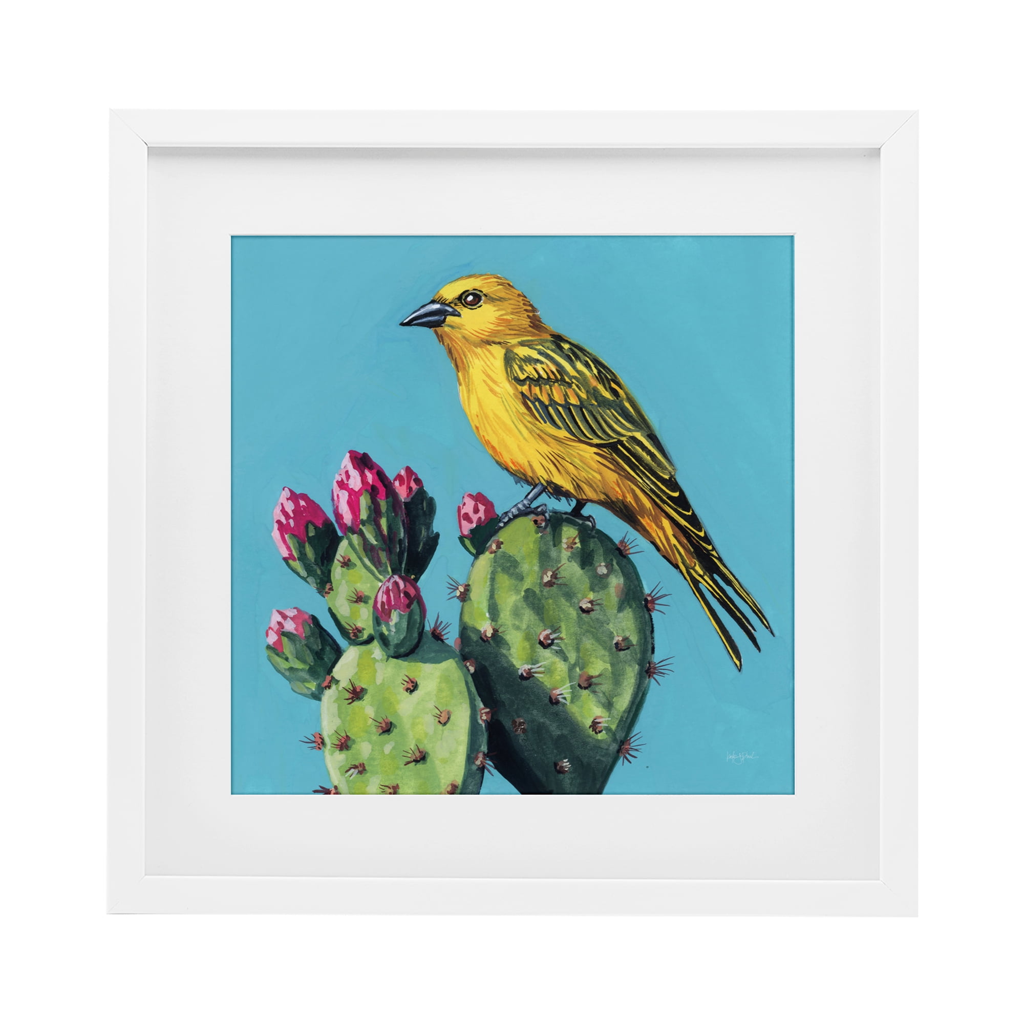 Stupell Industries Yellow Bird on Cacti Bloom White Framed Print Under Glass, design by Kate Jarvik Birch
