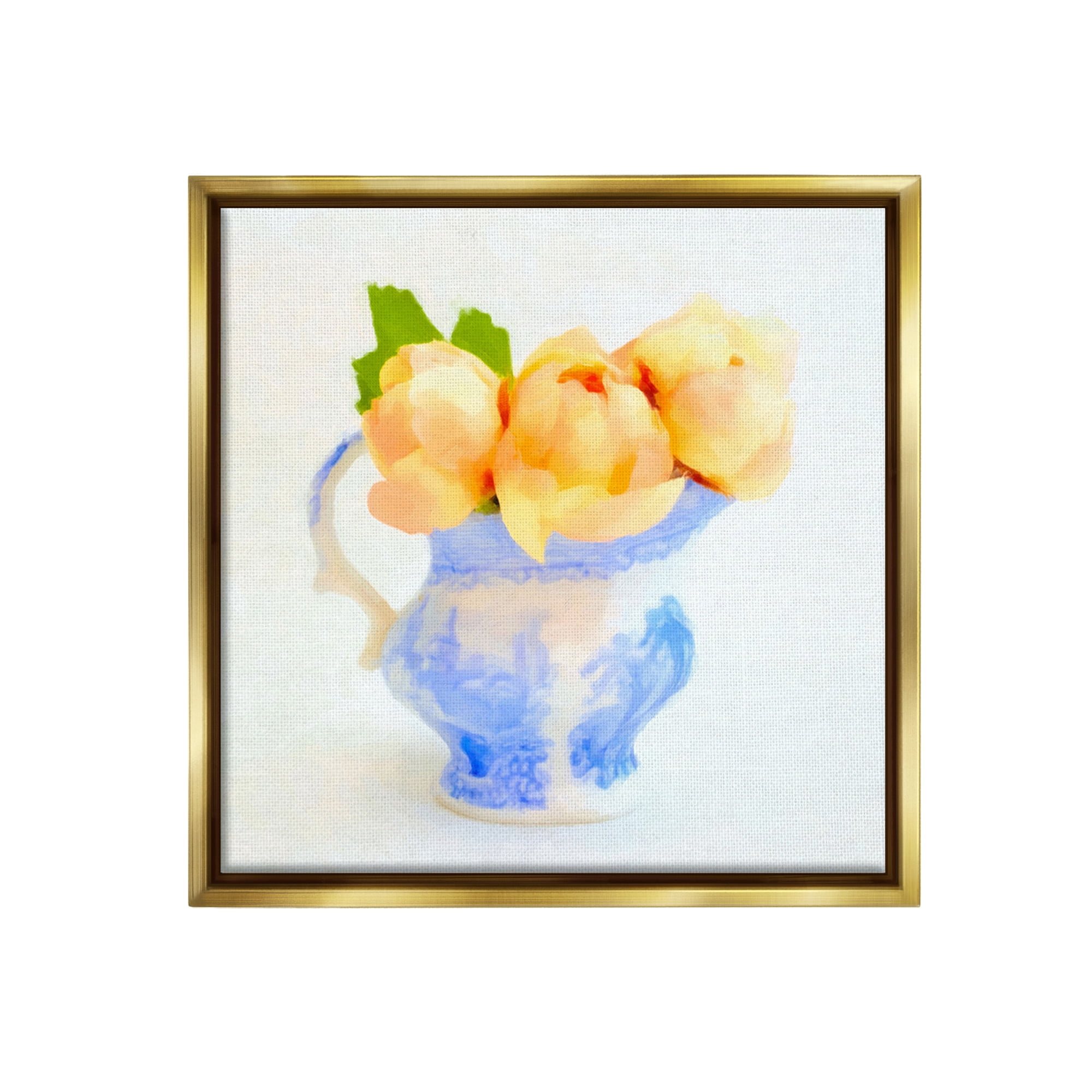 Stupell Industries Yellow Blooms in Pitcher Botanical & Floral Painting Gold Floater Framed Canvas Art Print Wall Art, 18 x 18