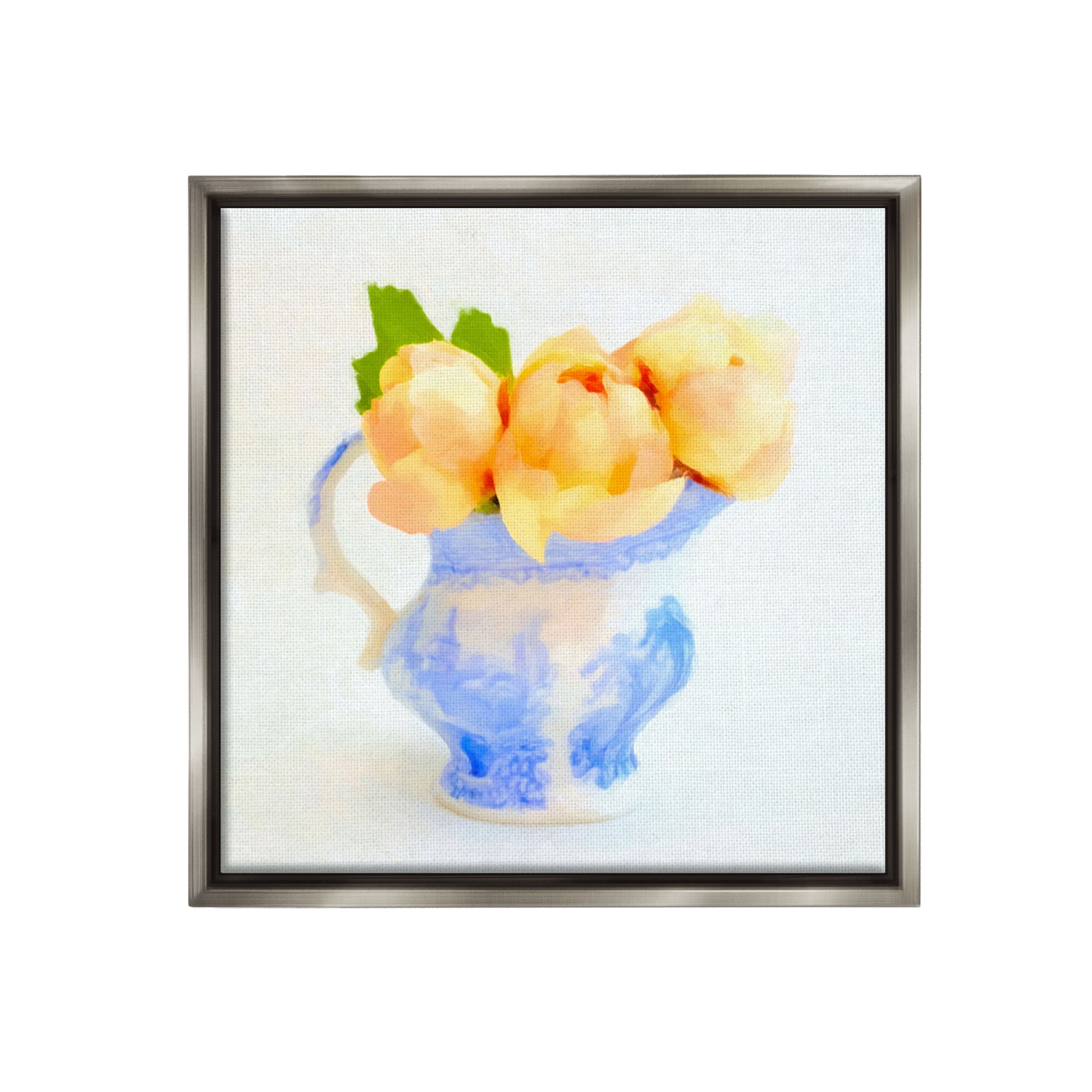 Stupell Industries Yellow Blooms in Pitcher Botanical & Floral Painting Gray Floater Framed Canvas Art Print Wall Art, 18 x 18
