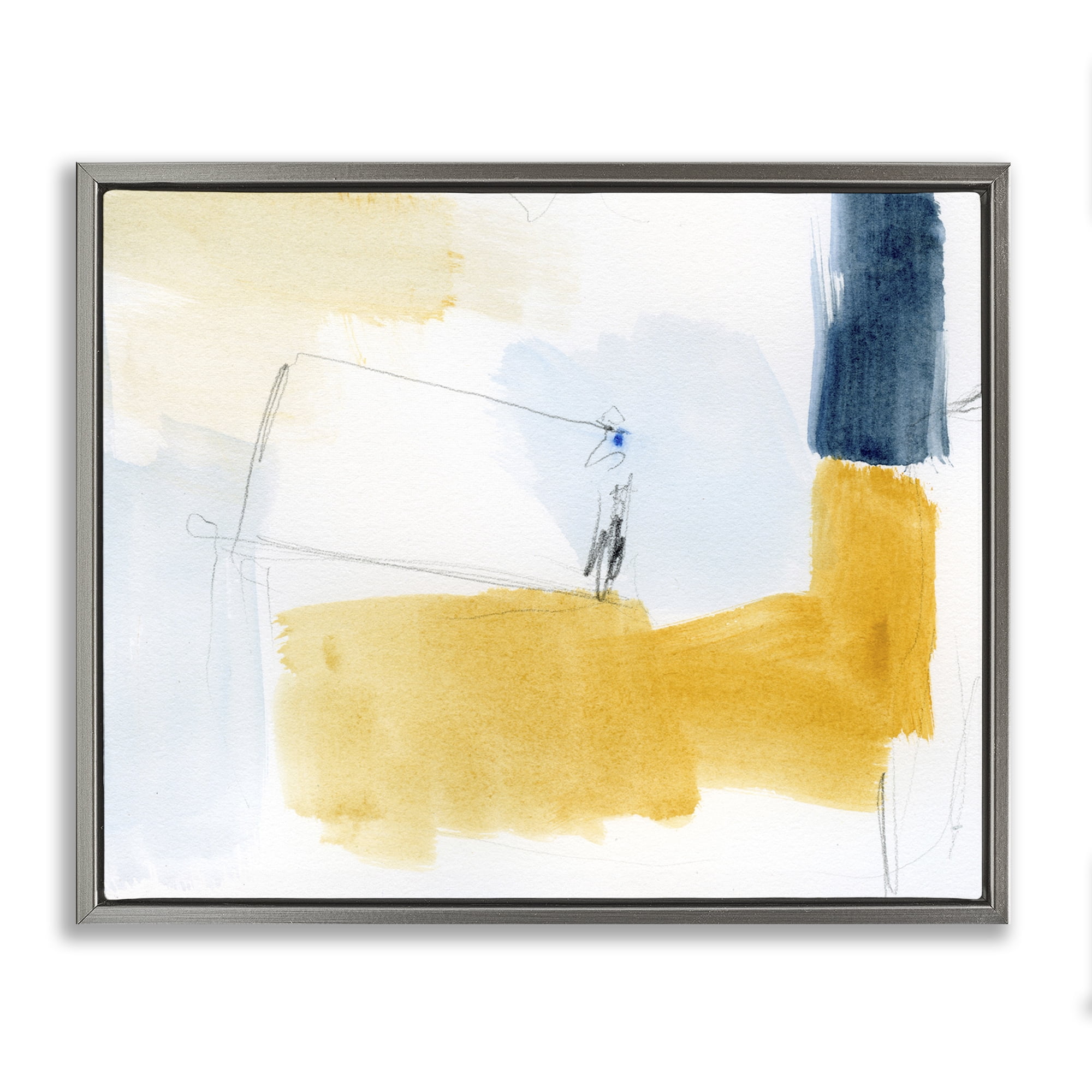 Stupell Industries Yellow & Blue Abstract Abstract Painting Gray Floater Framed Canvas Art Print Wall Art, 31 x 25