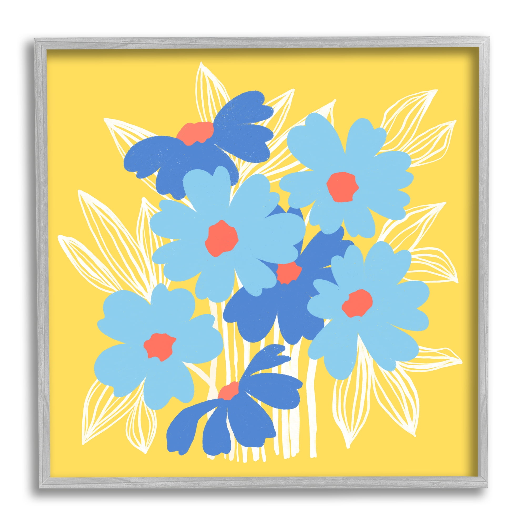 Stupell Industries Yellow & Blue Florals Botanical & Floral Painting Gray Framed Art Print Wall Art, 17 x 17