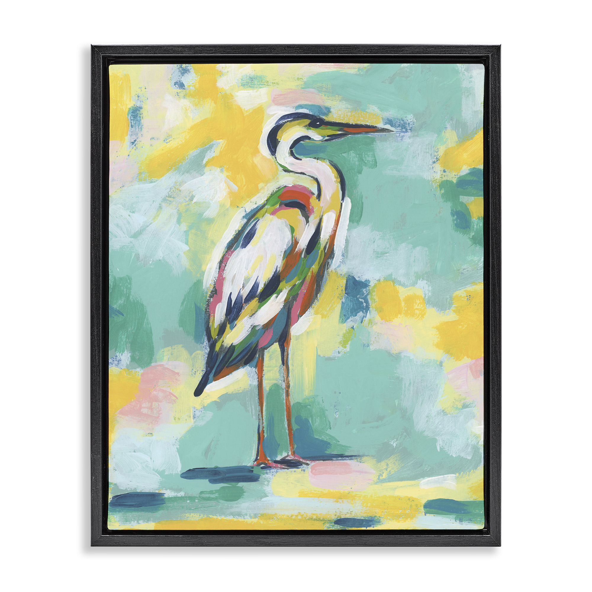 Stupell Industries Yellow & Blue Heron Animals Painting Black Floater Framed Canvas Art Print Wall Art, 25 x 31