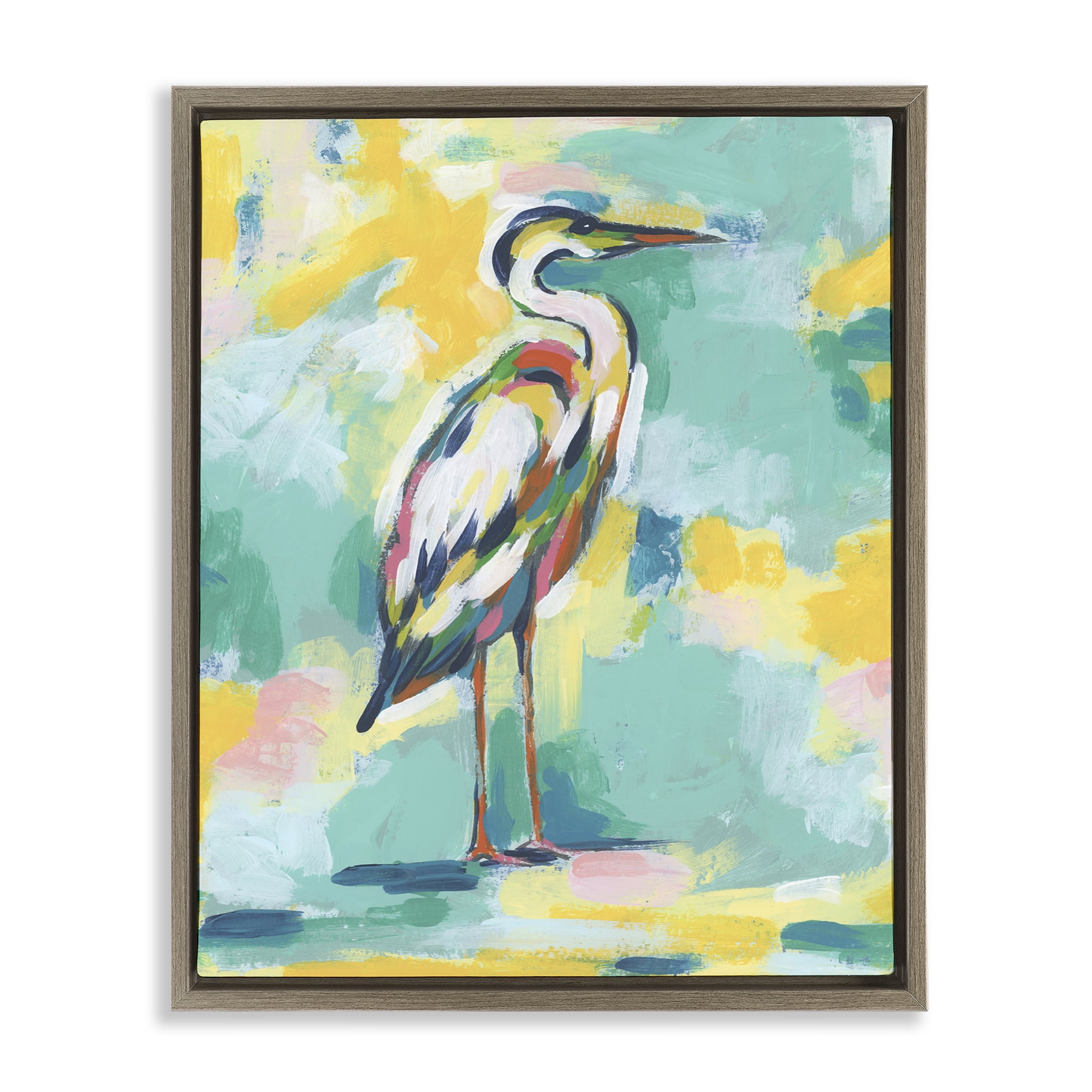 Stupell Industries Yellow & Blue Heron Animals Painting Brown Floater Framed Canvas Art Print Wall Art, 25 x 31