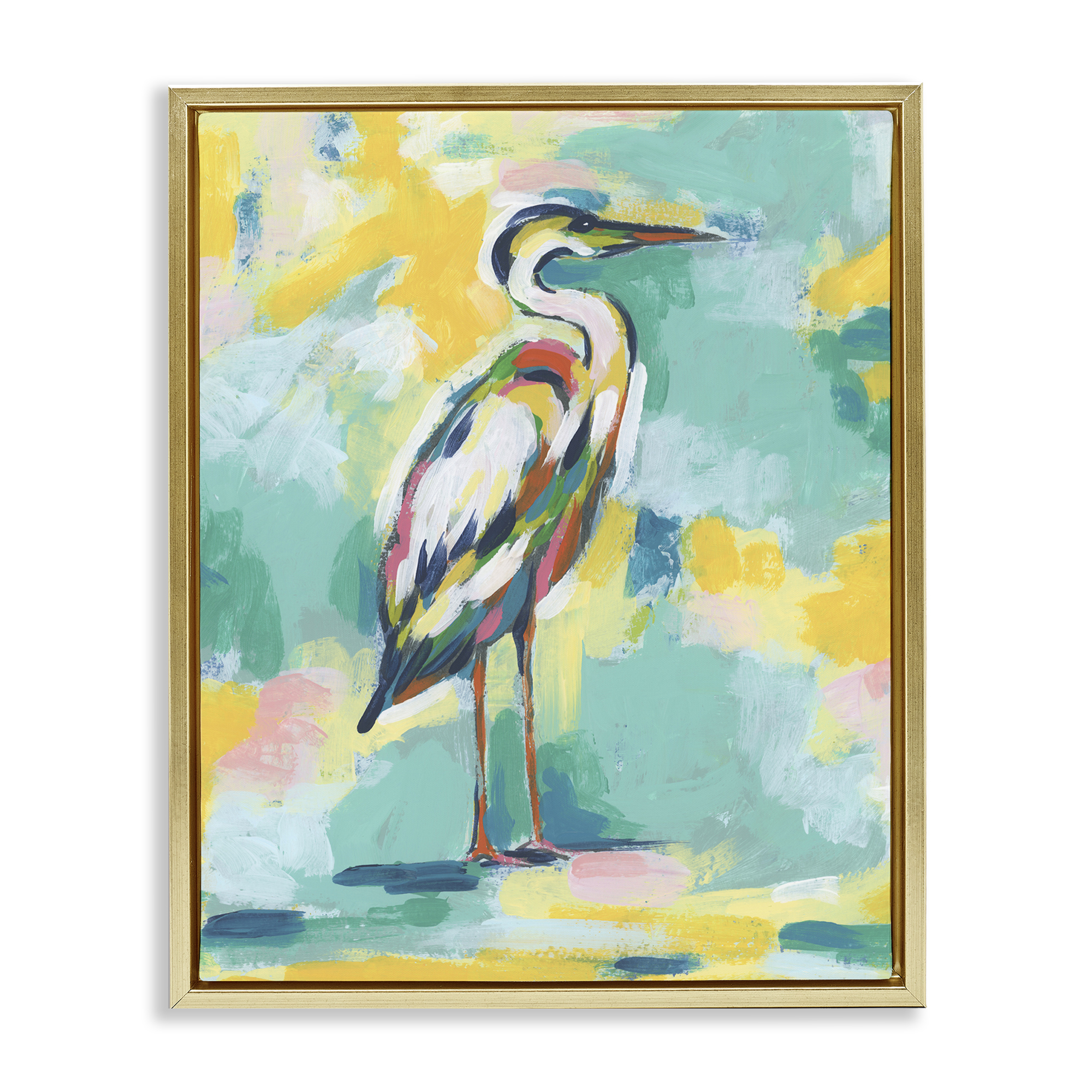 Stupell Industries Yellow & Blue Heron Animals Painting Gold Floater Framed Canvas Art Print Wall Art, 25 x 31