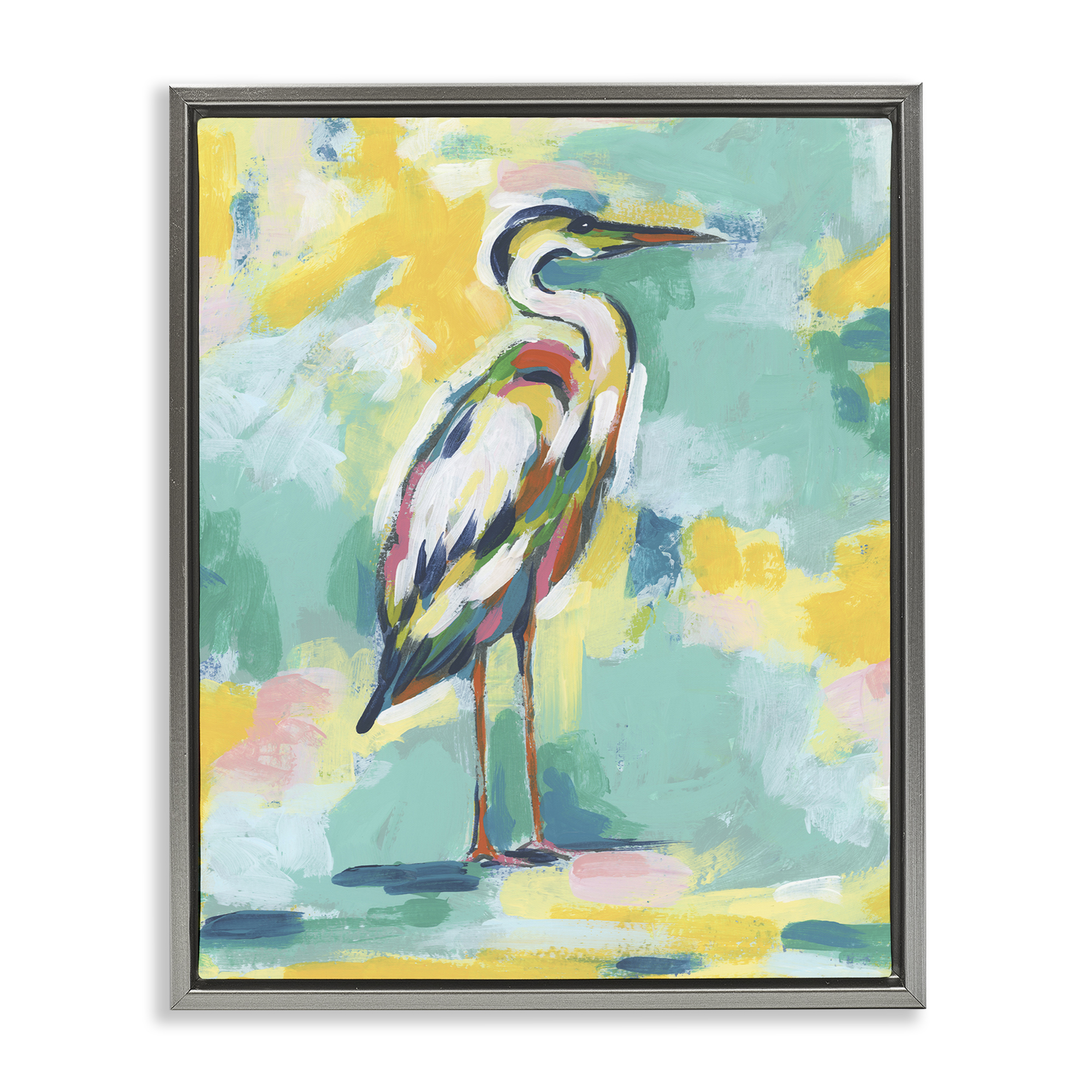 Stupell Industries Yellow & Blue Heron Animals Painting Gray Floater Framed Canvas Art Print Wall Art, 17 x 21