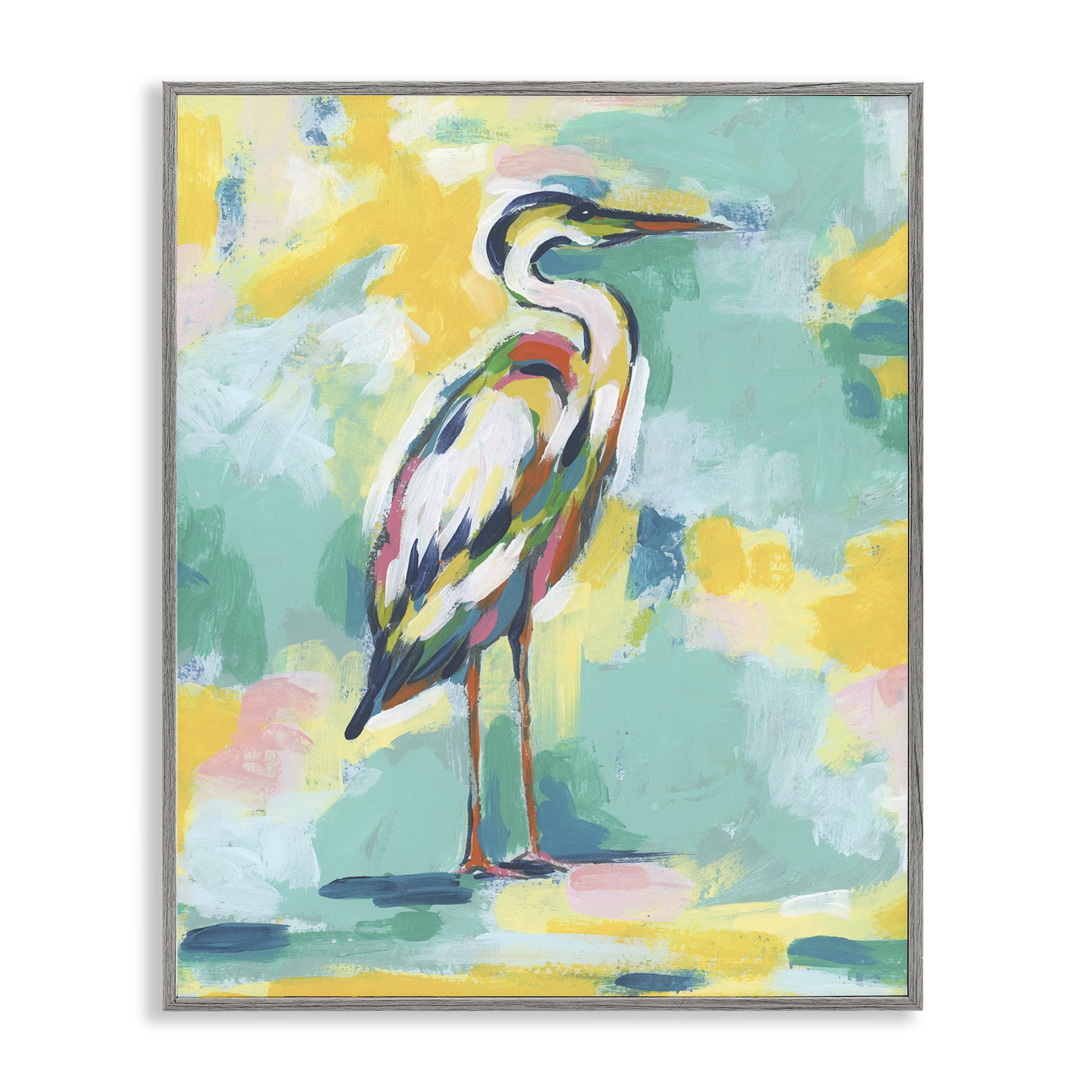 Stupell Industries Yellow & Blue Heron Animals Painting Gray Framed Art Print Wall Art, 11 x 14