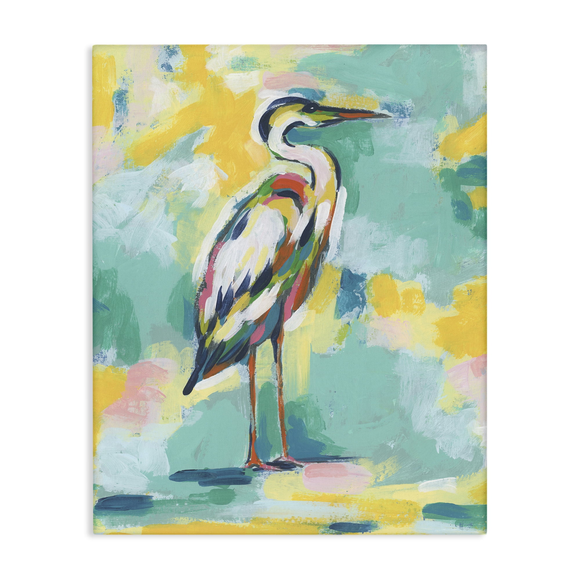 Stupell Industries Yellow & Blue Heron Animals Painting Wrapped Canvas Art Print Wall Art, 36 x 48