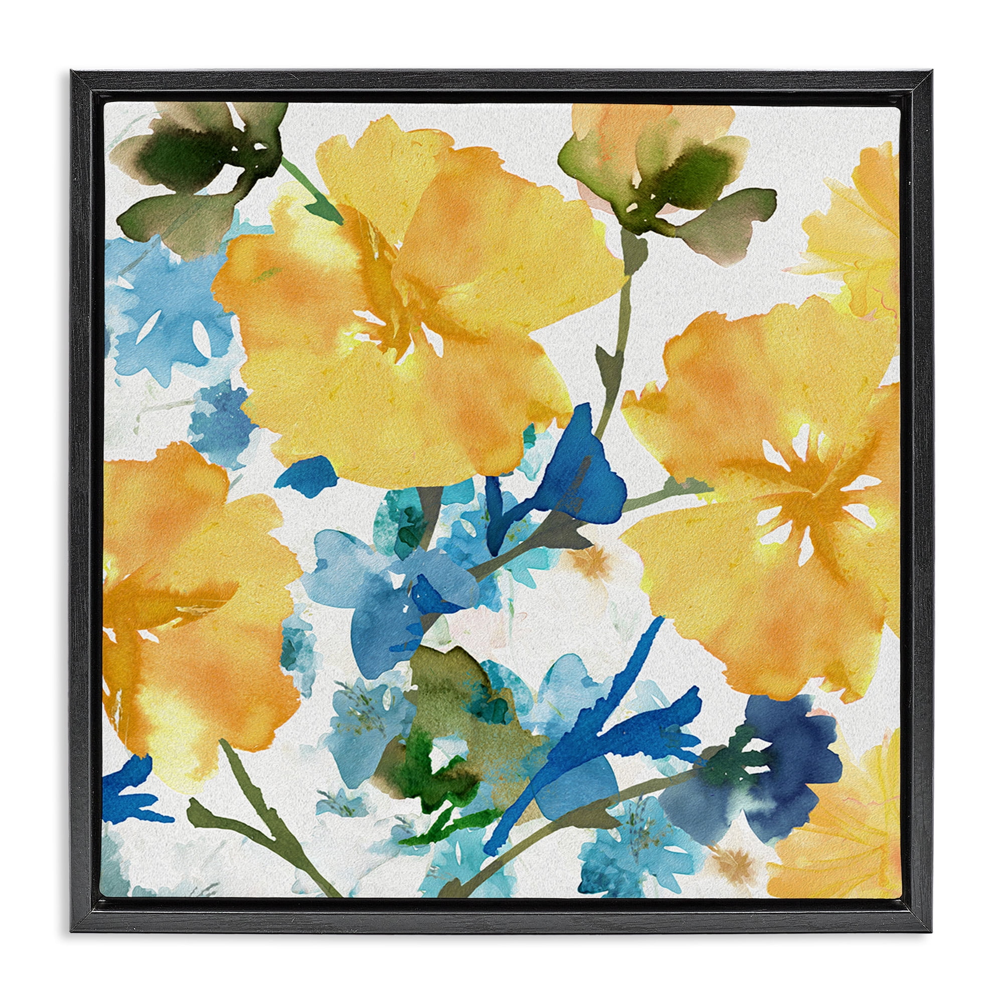 Stupell Industries Yellow & Blue Hibiscus Botanical & Floral Painting Black Floater Framed Canvas Art Print Wall Art, 18 x 18