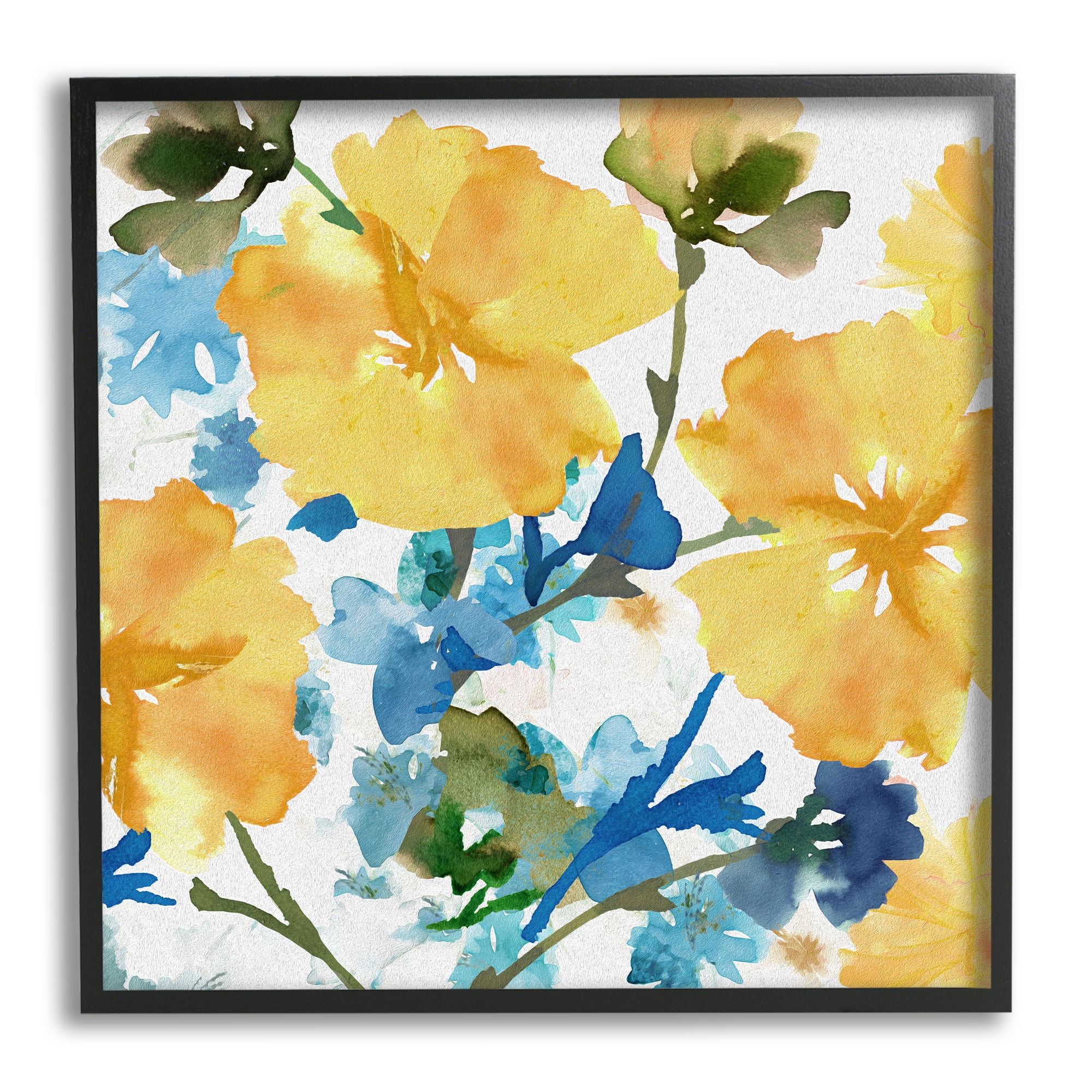 Stupell Industries Yellow & Blue Hibiscus Botanical & Floral Painting Black Framed Art Print Wall Art, 12 x 12