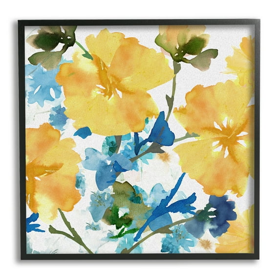 Stupell Industries Yellow & Blue Hibiscus Botanical & Floral Painting Black Framed Art Print Wall Art, 24 x 24