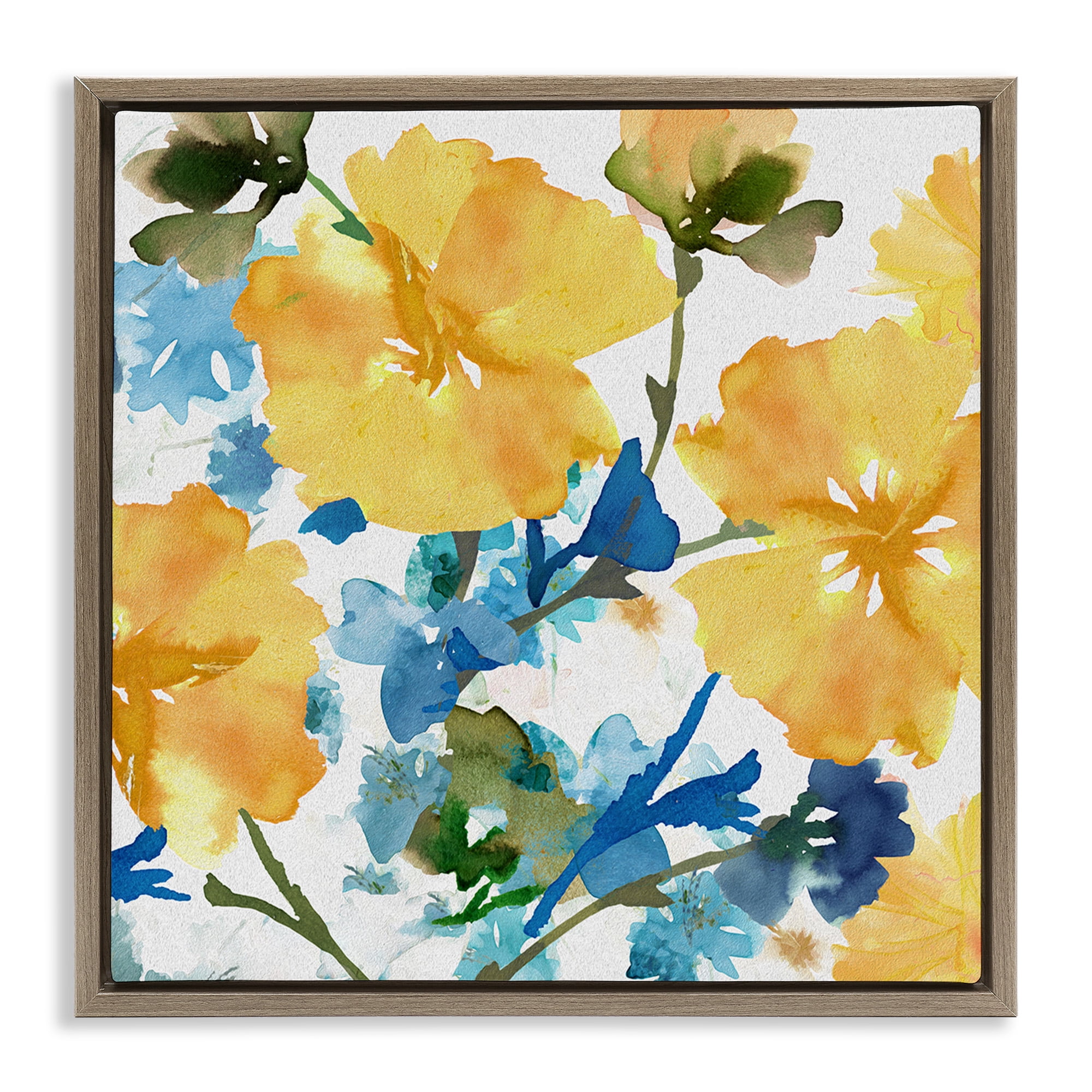 Stupell Industries Yellow & Blue Hibiscus Botanical & Floral Painting Brown Floater Framed Canvas Art Print Wall Art, 18 x 18