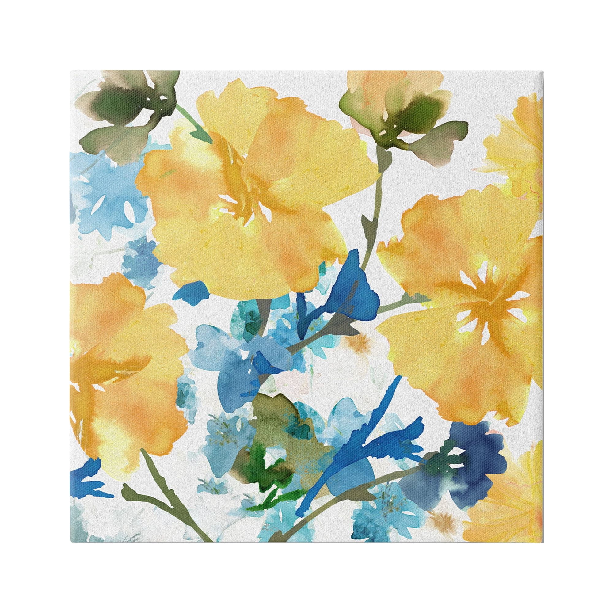 Stupell Industries Yellow & Blue Hibiscus Botanical & Floral Painting Gallery Wrapped Canvas Art Print Wall Art, 17 x 17