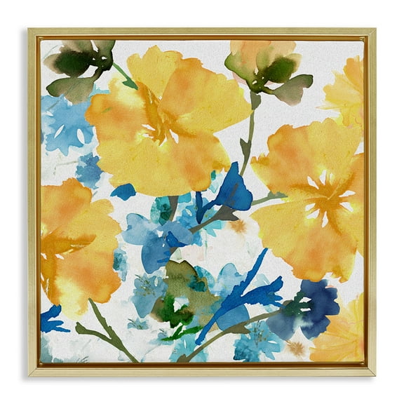 Stupell Industries Yellow & Blue Hibiscus Botanical & Floral Painting Gold Floater Framed Canvas Art Print Wall Art, 18 x 18