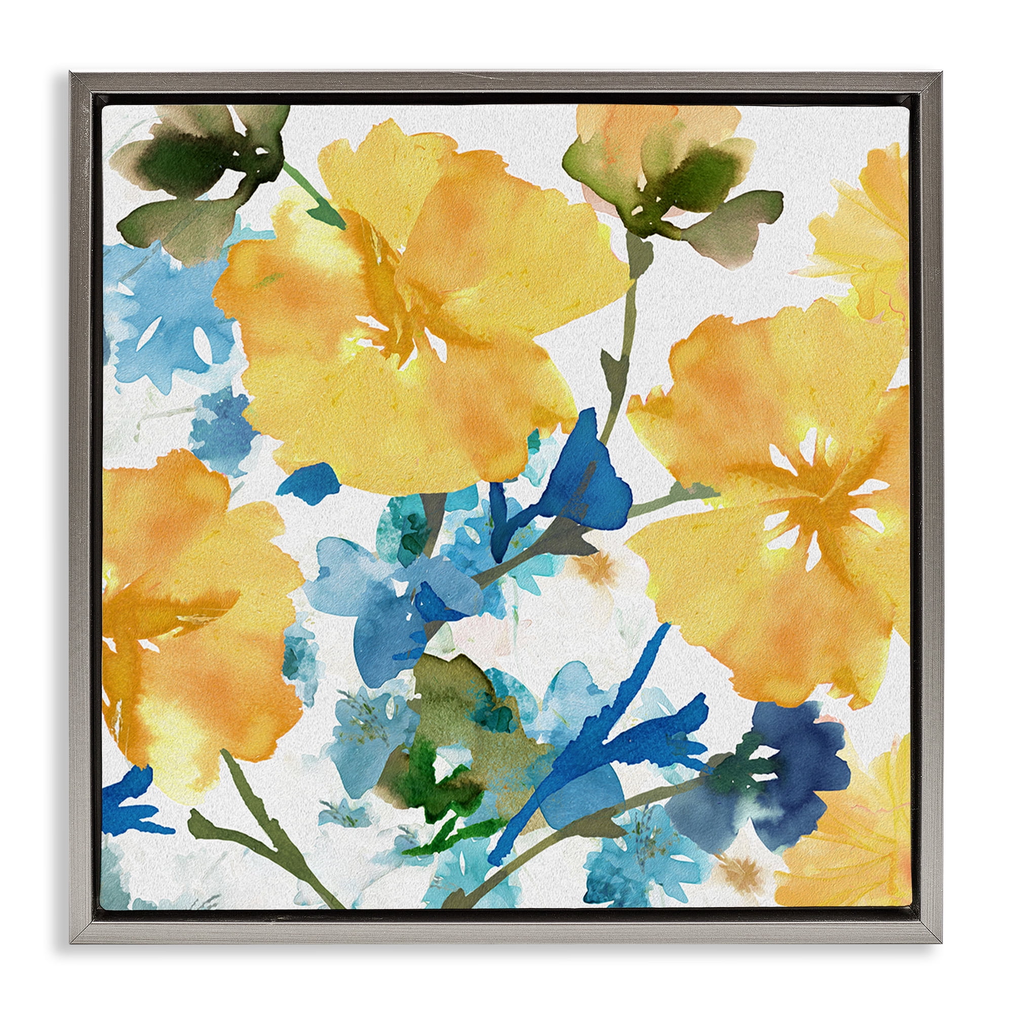 Stupell Industries Yellow & Blue Hibiscus Botanical & Floral Painting Gray Floater Framed Canvas Art Print Wall Art, 25 x 25