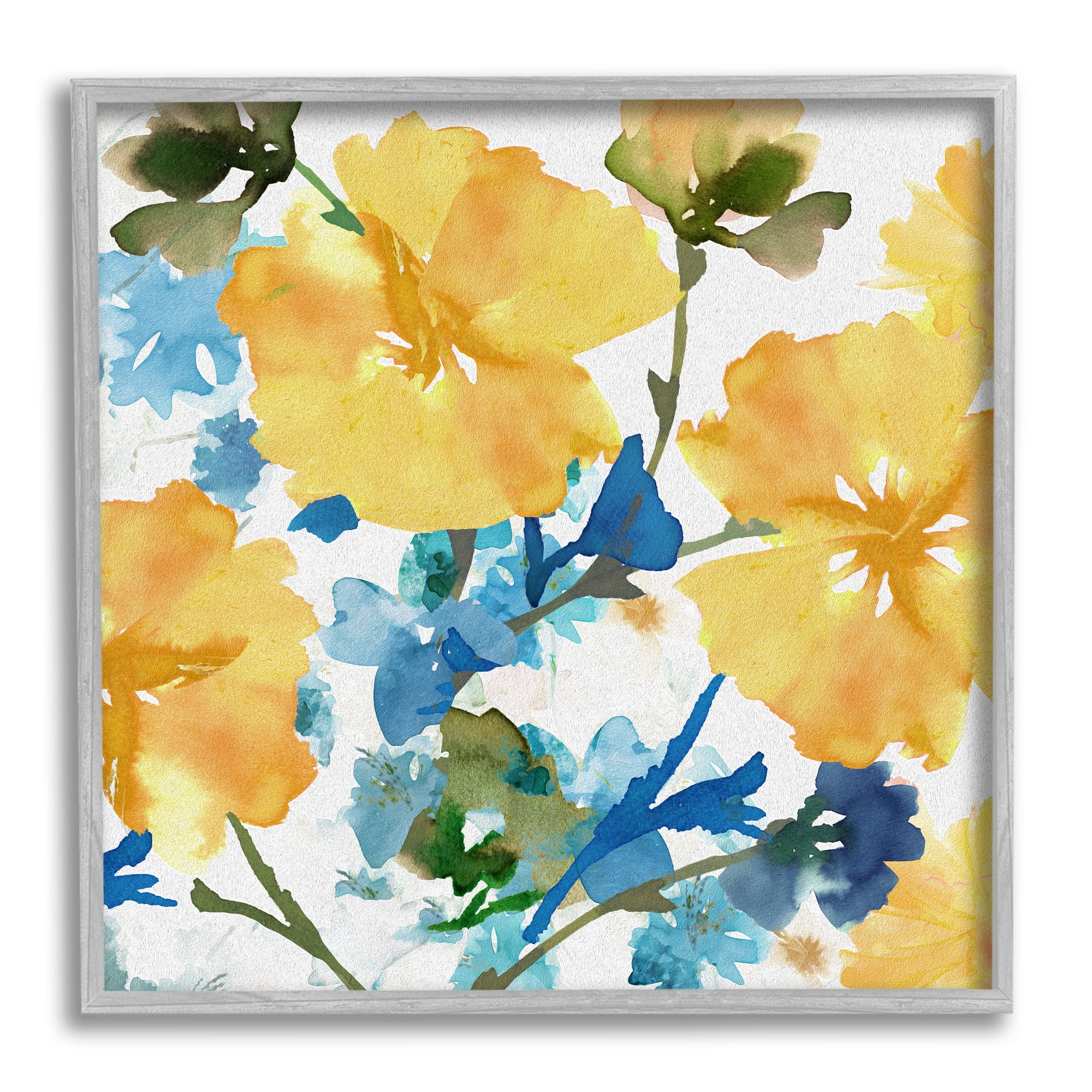 Stupell Industries Yellow & Blue Hibiscus Botanical & Floral Painting Gray Framed Art Print Wall Art, 24 x 24