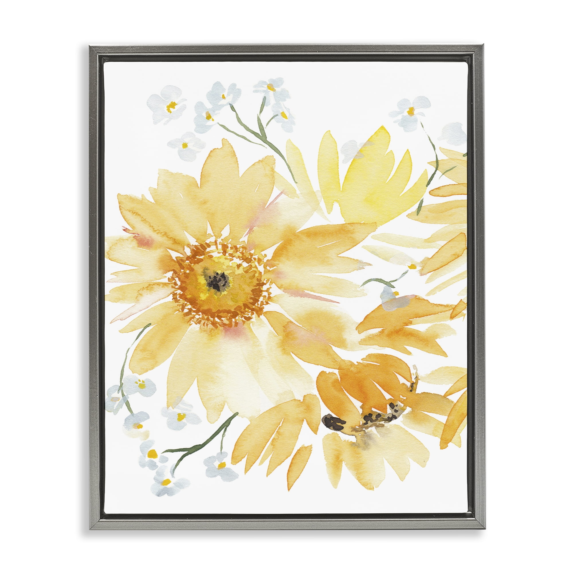 Stupell Industries Yellow Brushed Flowers Botanical & Floral Painting Gray Floater Framed Art Print Wall Art, 25 x 31