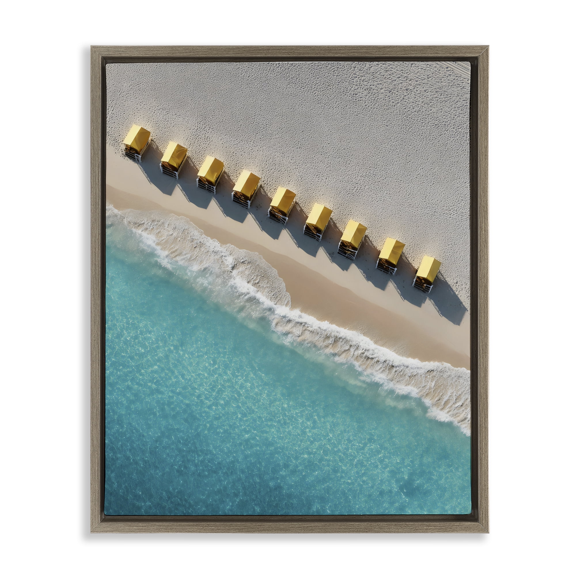 Stupell Industries Yellow Cabanas Along Shore Brown Framed Floater Canvas Wall Art, design by Franklyn Gregory