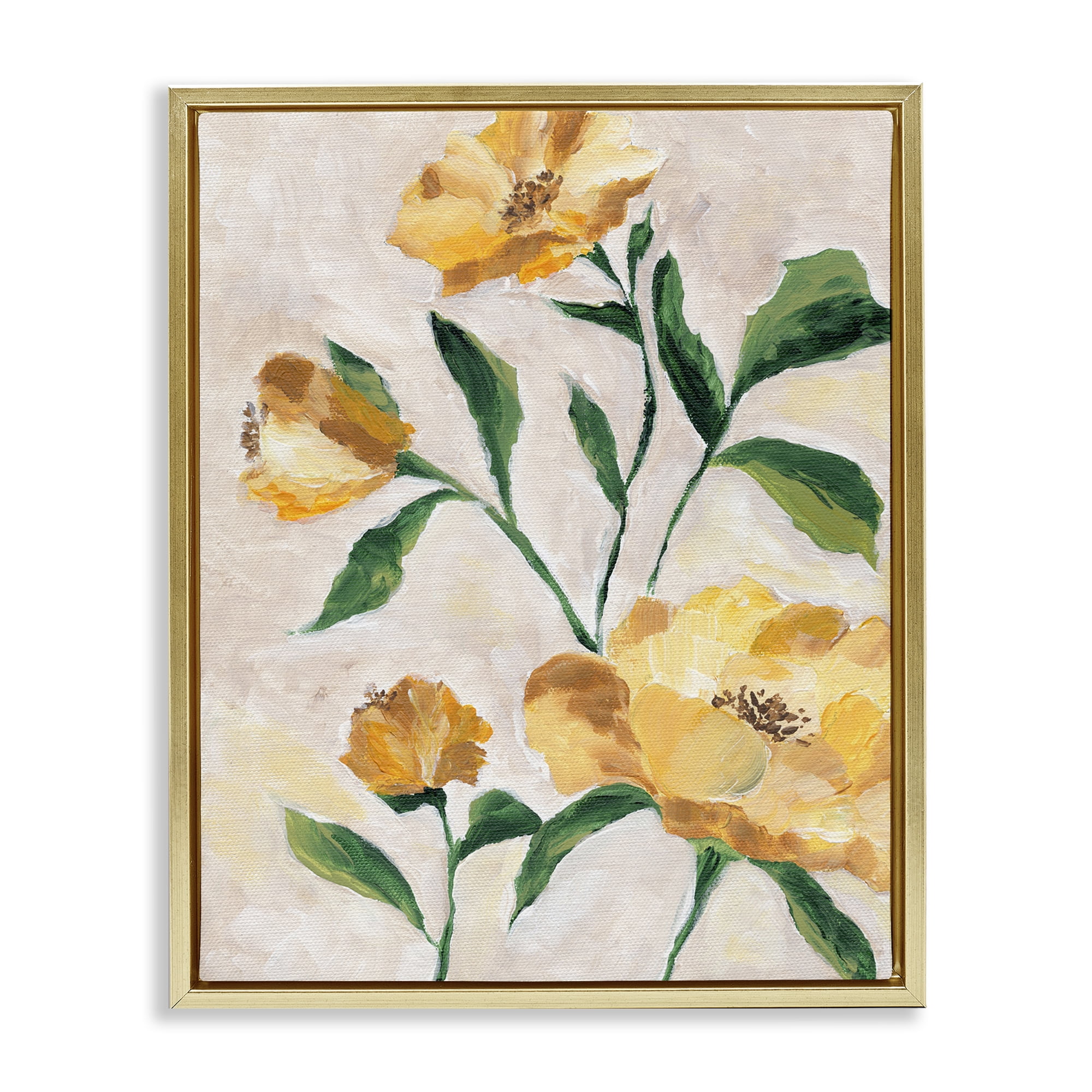 Stupell Industries Yellow Camellia Blossoms Plants & Flowers Painting Gold Floater Framed Canvas Art Print Wall Art, 17 x 21