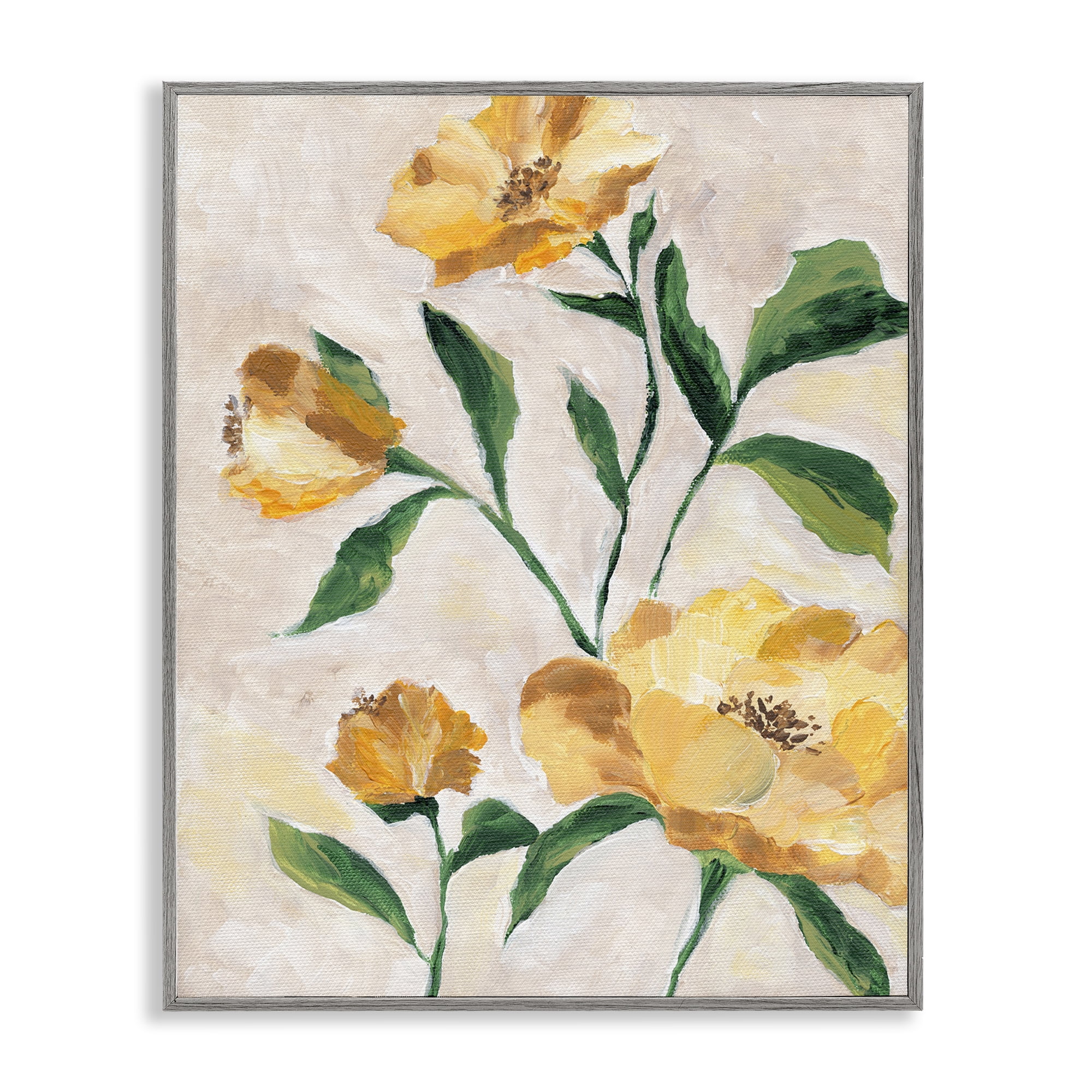 Stupell Industries Yellow Camellia Blossoms Plants & Flowers Painting Gray Framed Art Print Wall Art, 16 x 20