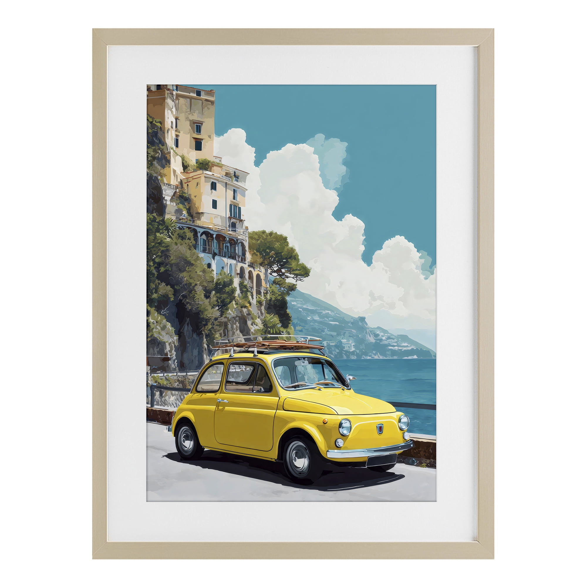 Stupell Industries Yellow Car on Coast Birch Framed Print Under Glass, design by Petal Prints Design