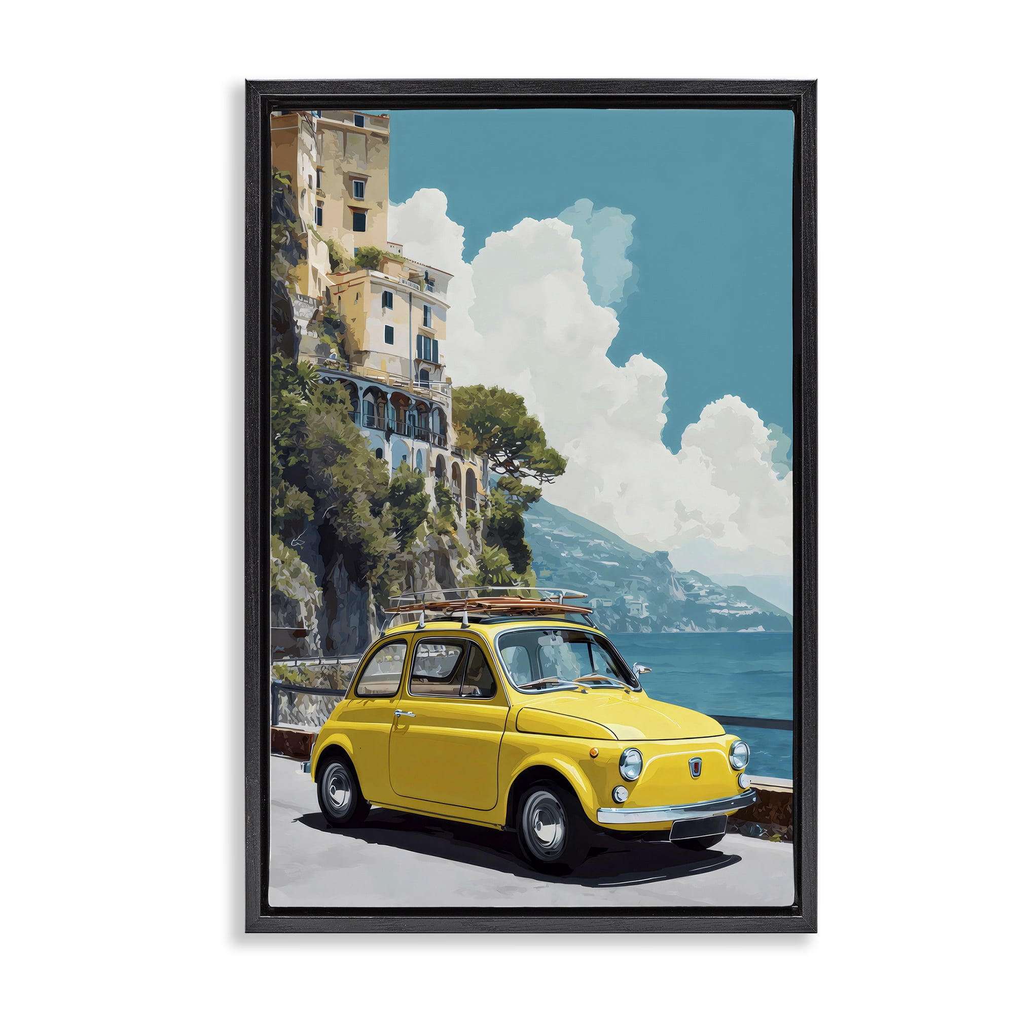Stupell Industries Yellow Car on Coast Black Framed Floater Canvas Wall Art, design by Petal Prints Design