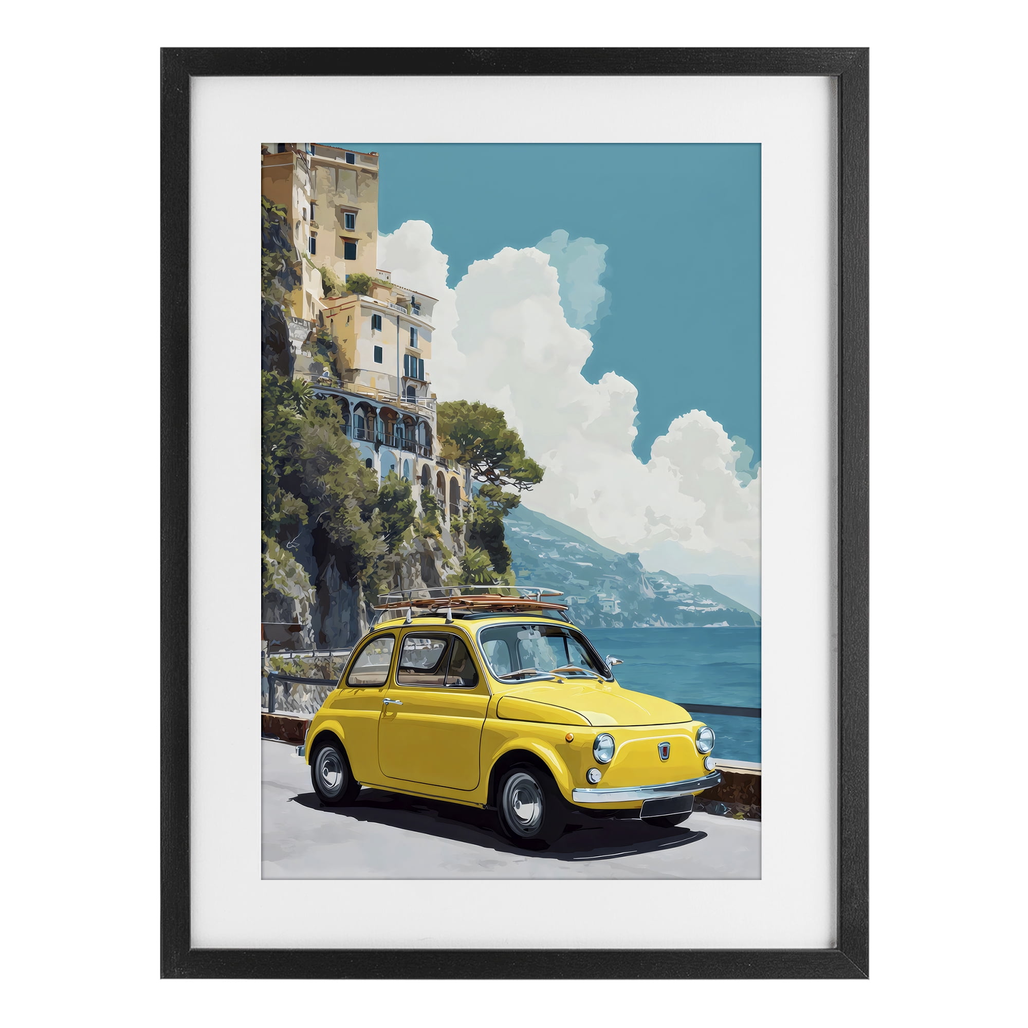 Stupell Industries Yellow Car on Coast Black Framed Print Under Glass, design by Petal Prints Design