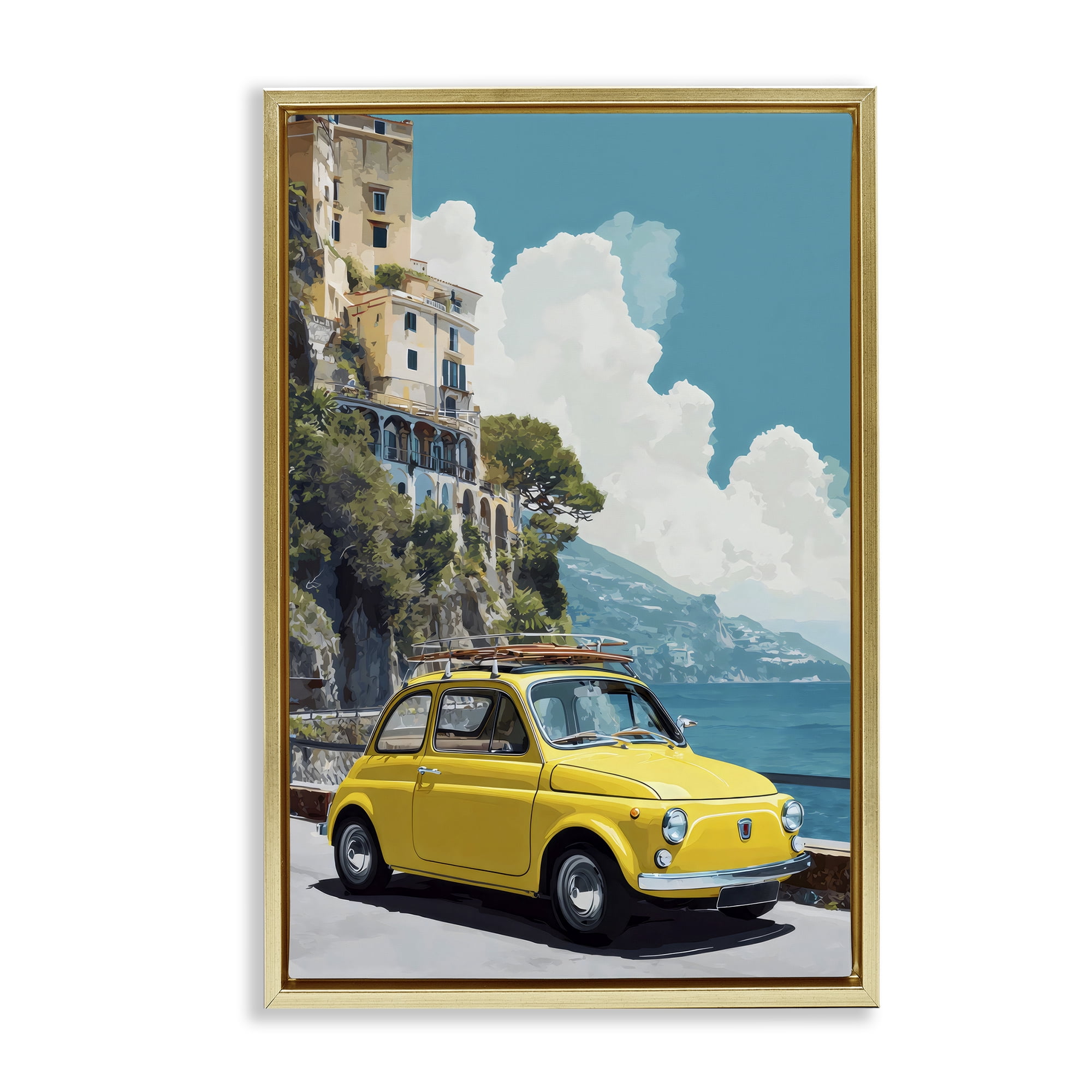 Stupell Industries Yellow Car on Coast Gold Framed Floater Canvas Wall Art, design by Petal Prints Design