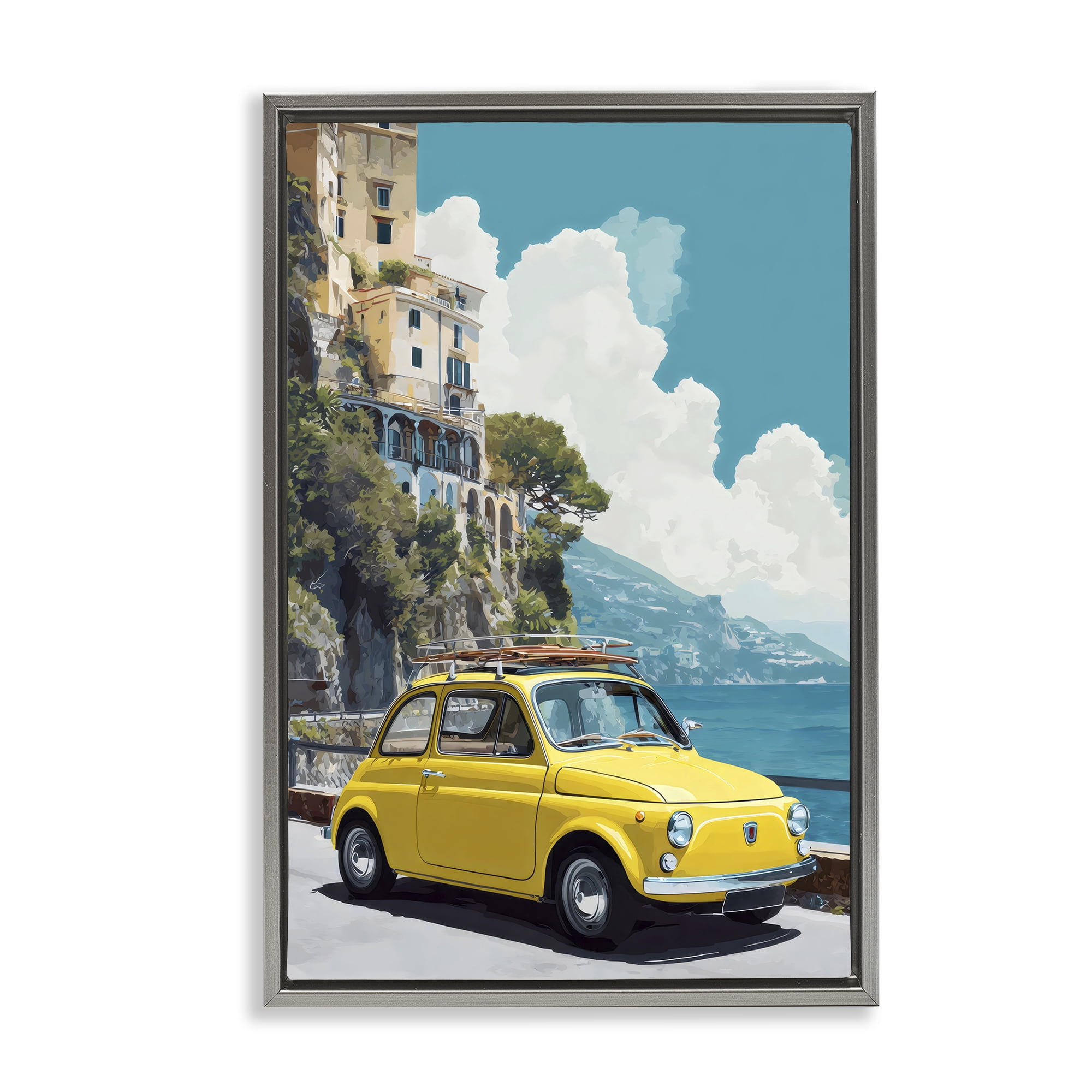 Stupell Industries Yellow Car on Coast Gray Framed Floater Canvas Wall Art, design by Petal Prints Design