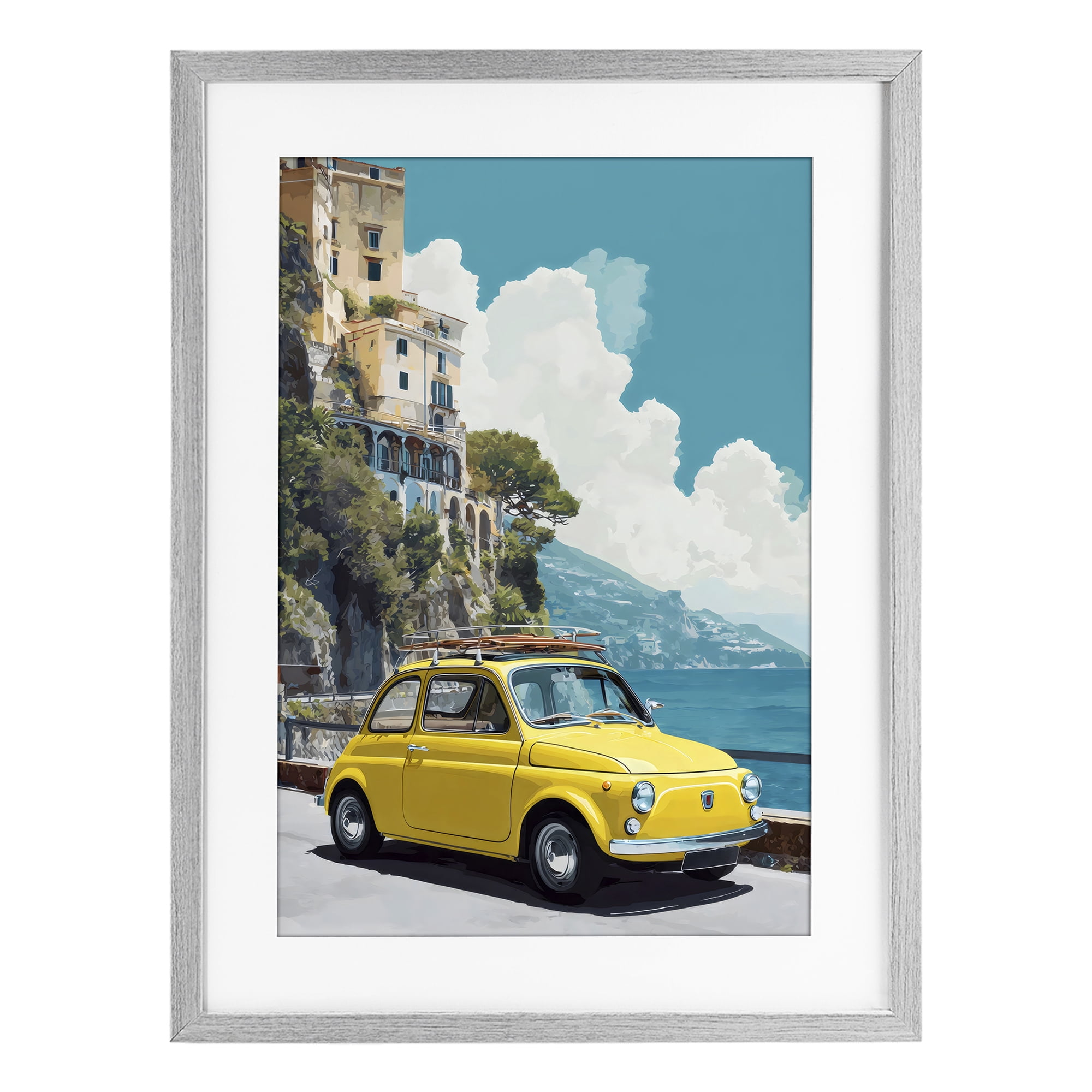Stupell Industries Yellow Car on Coast Gray Framed Print Under Glass, design by Petal Prints Design