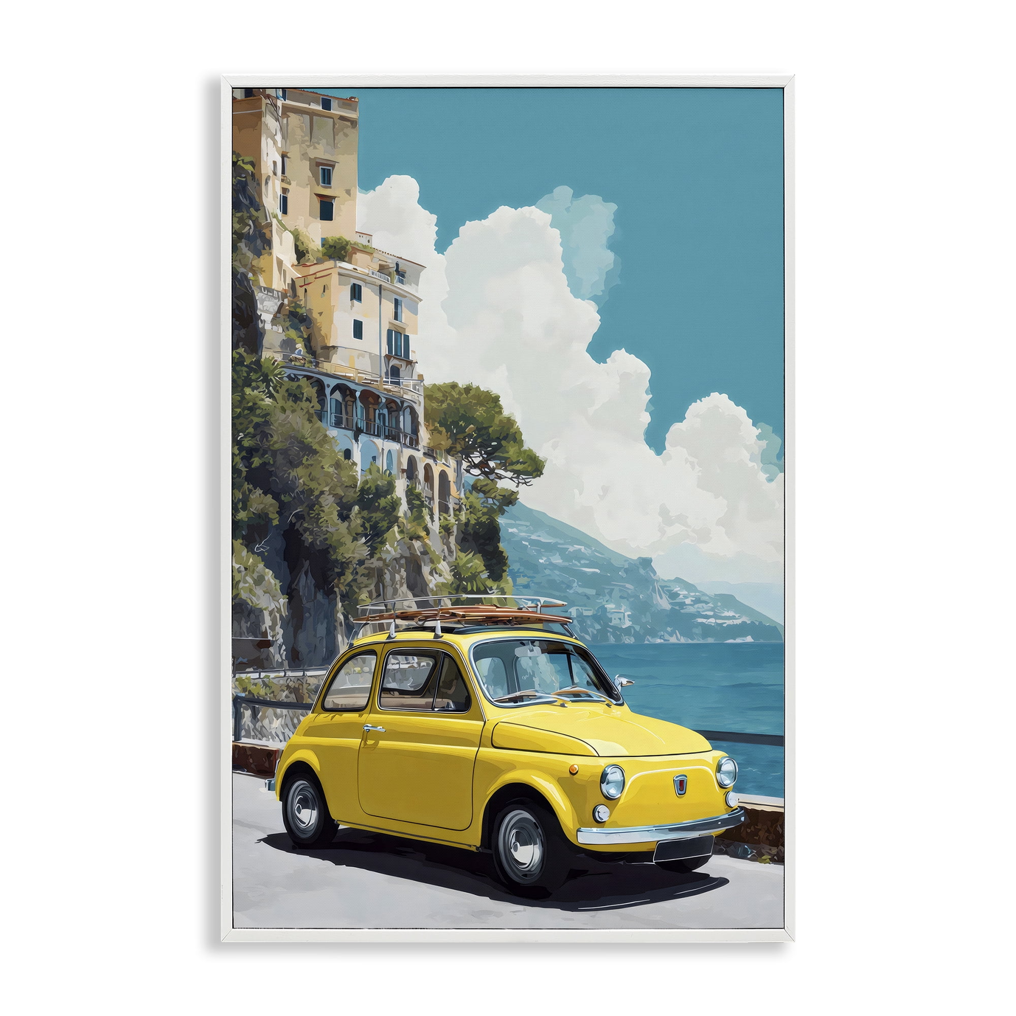Stupell Industries Yellow Car on Coast White Framed Giclee Art, design by Petal Prints Design