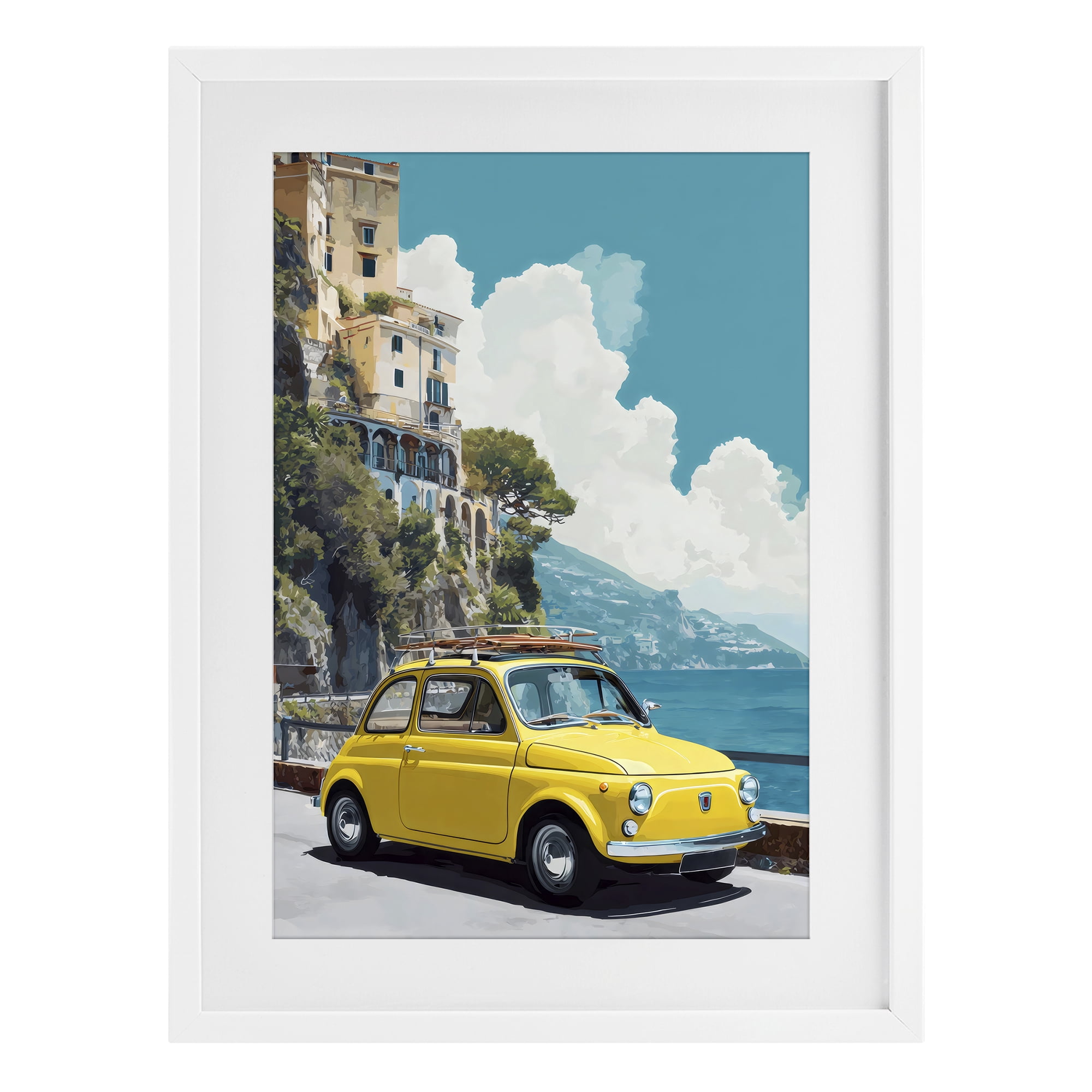 Stupell Industries Yellow Car on Coast White Framed Print Under Glass, design by Petal Prints Design