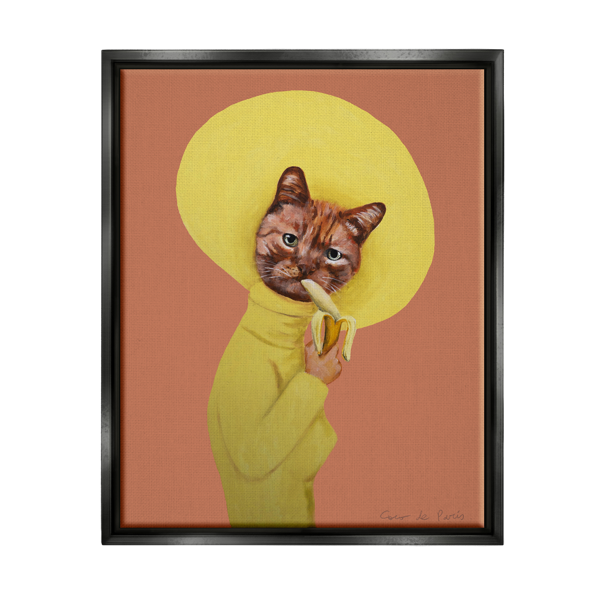 Stupell Industries Yellow Cat Eating Banana Painting Animals & Insects Painting Black Floater Framed Art Print Wall Art