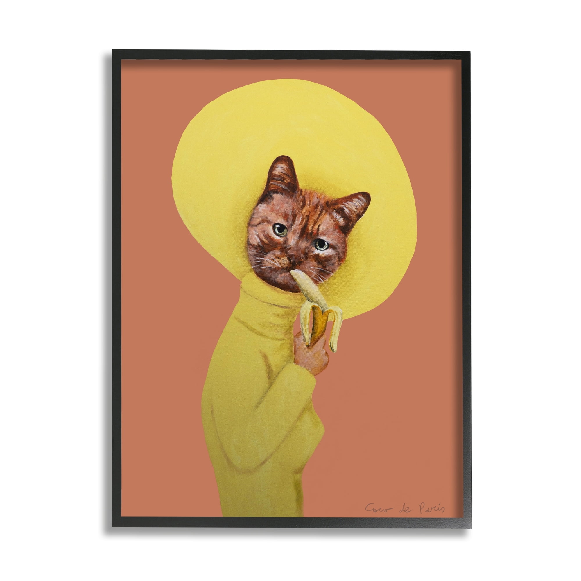 Stupell Industries Yellow Cat Eating Banana Painting Animals & Insects Painting Black Framed Art Print Wall Art